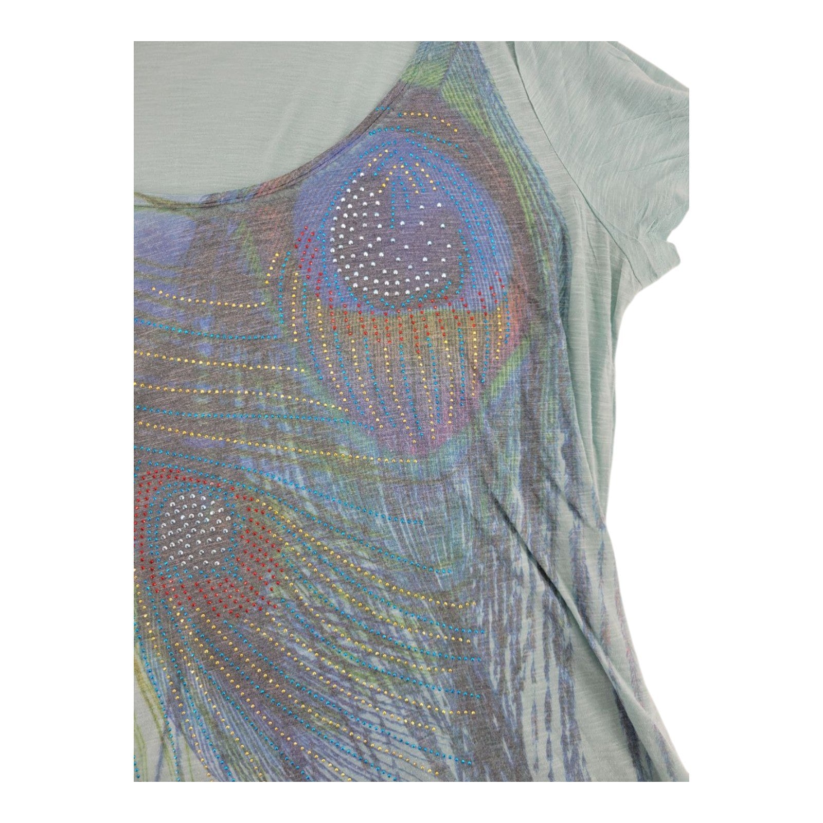 One World Live and Let Live Sage Green Boho Peacock Top Short Sleeve Size 2X
