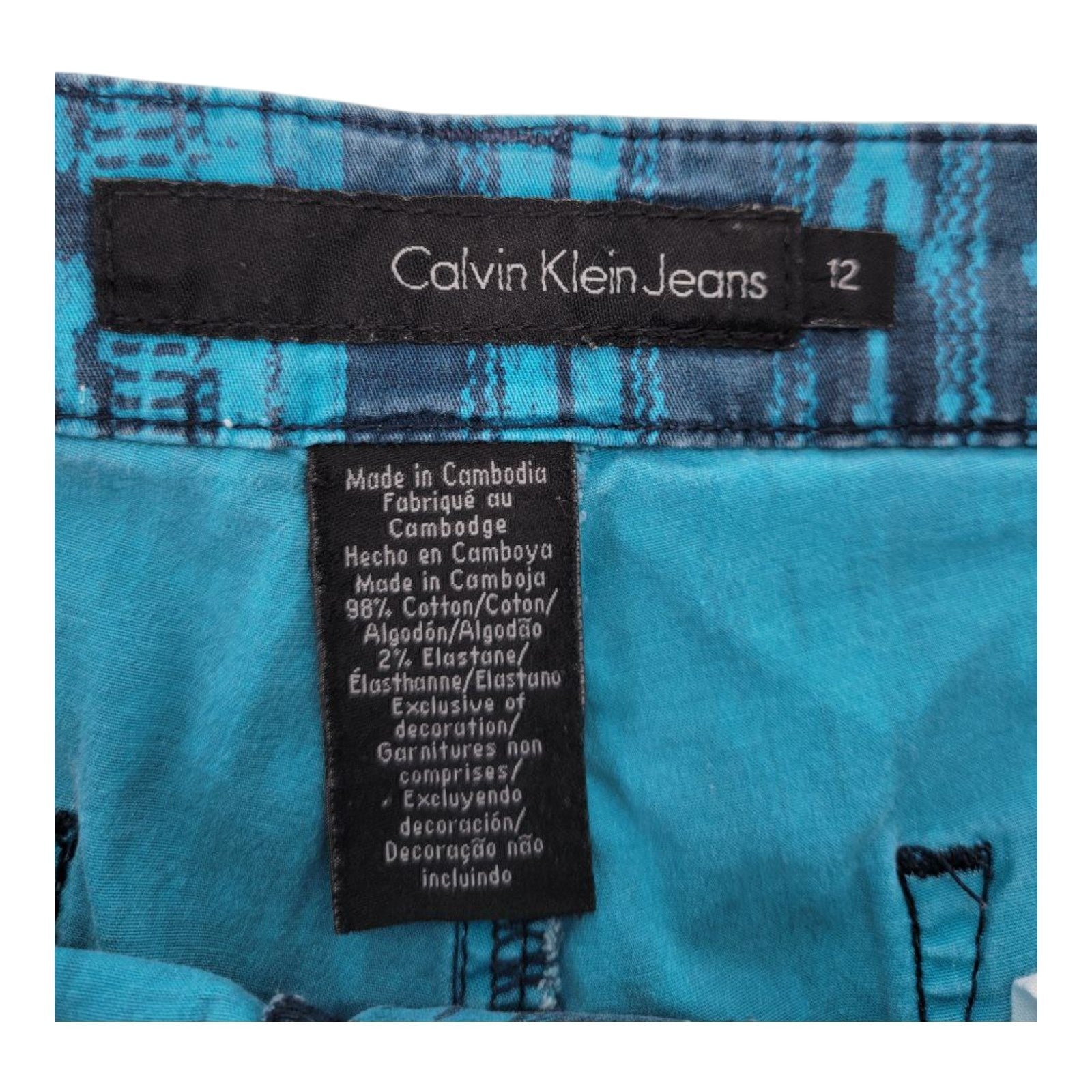 Calvin Klein Jeans Womens Blue Tribal Print Cotton Stretch Shorts Size 12