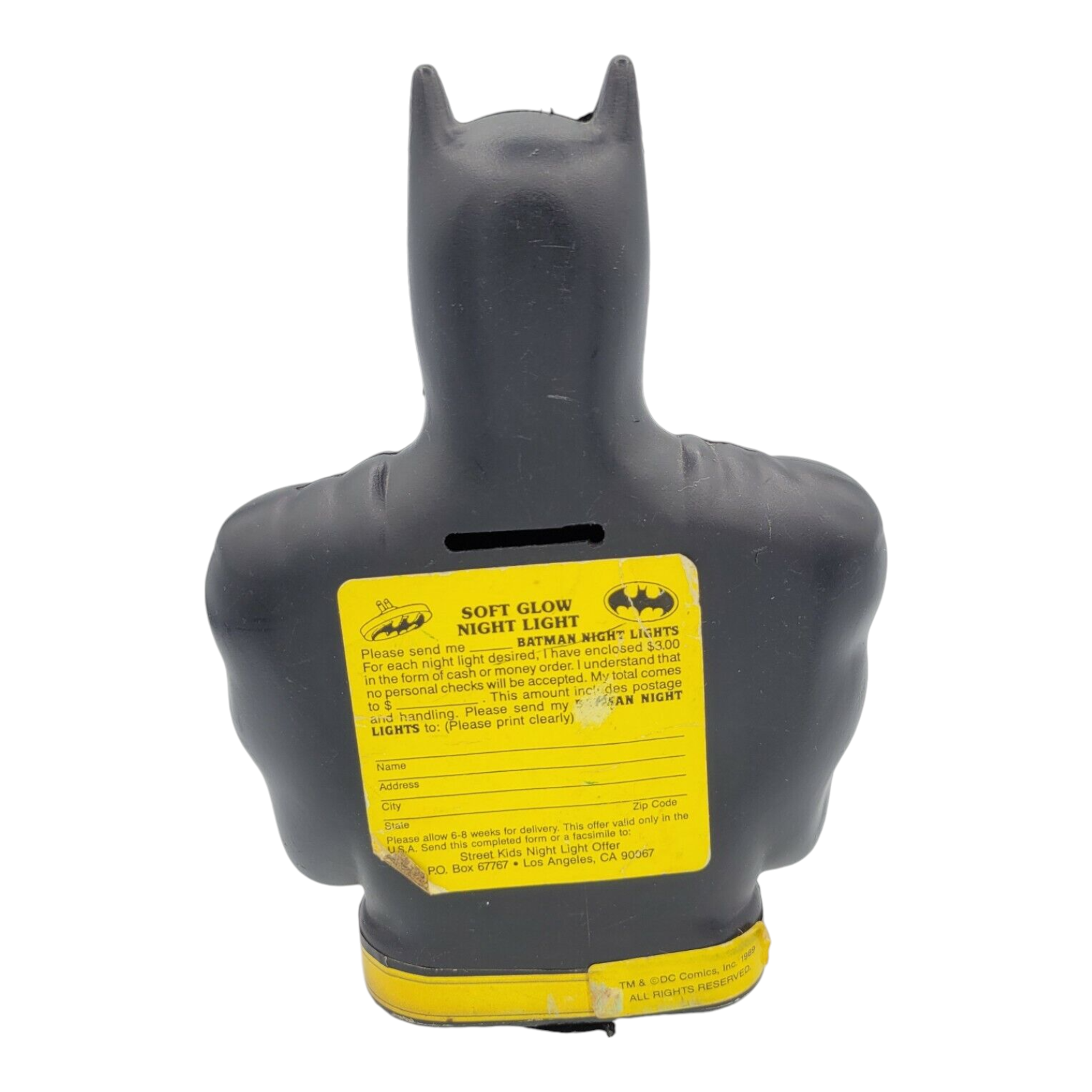 1989 DC Comics Batman Plastic Coin Bank With Soft Glow Night Light Sticker