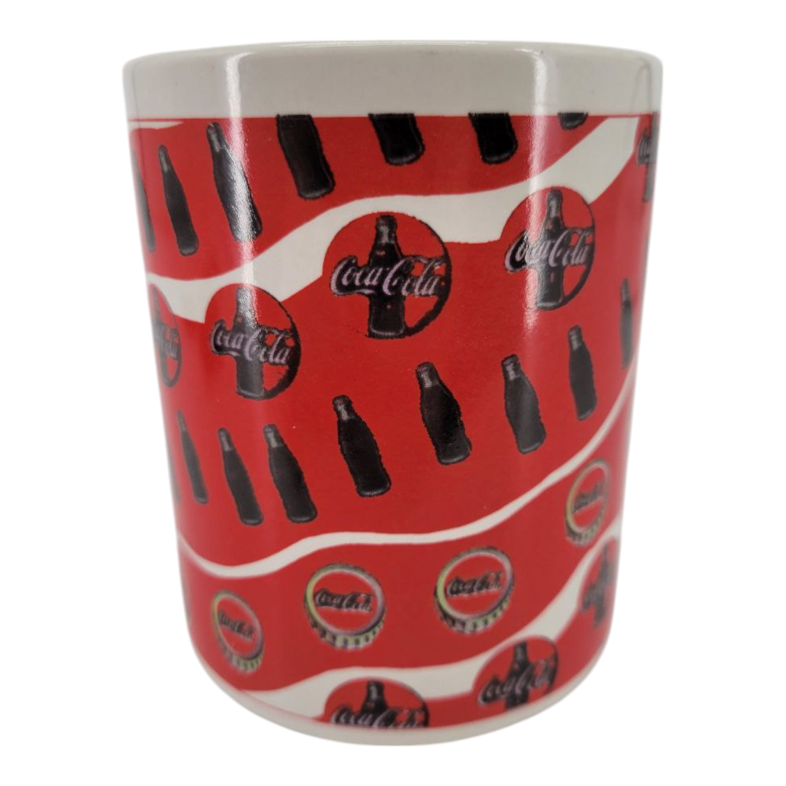 Coca Cola 1997 Gibson Vintage Red Ceramic Mug Bottles and Caps Print Coffee Cup