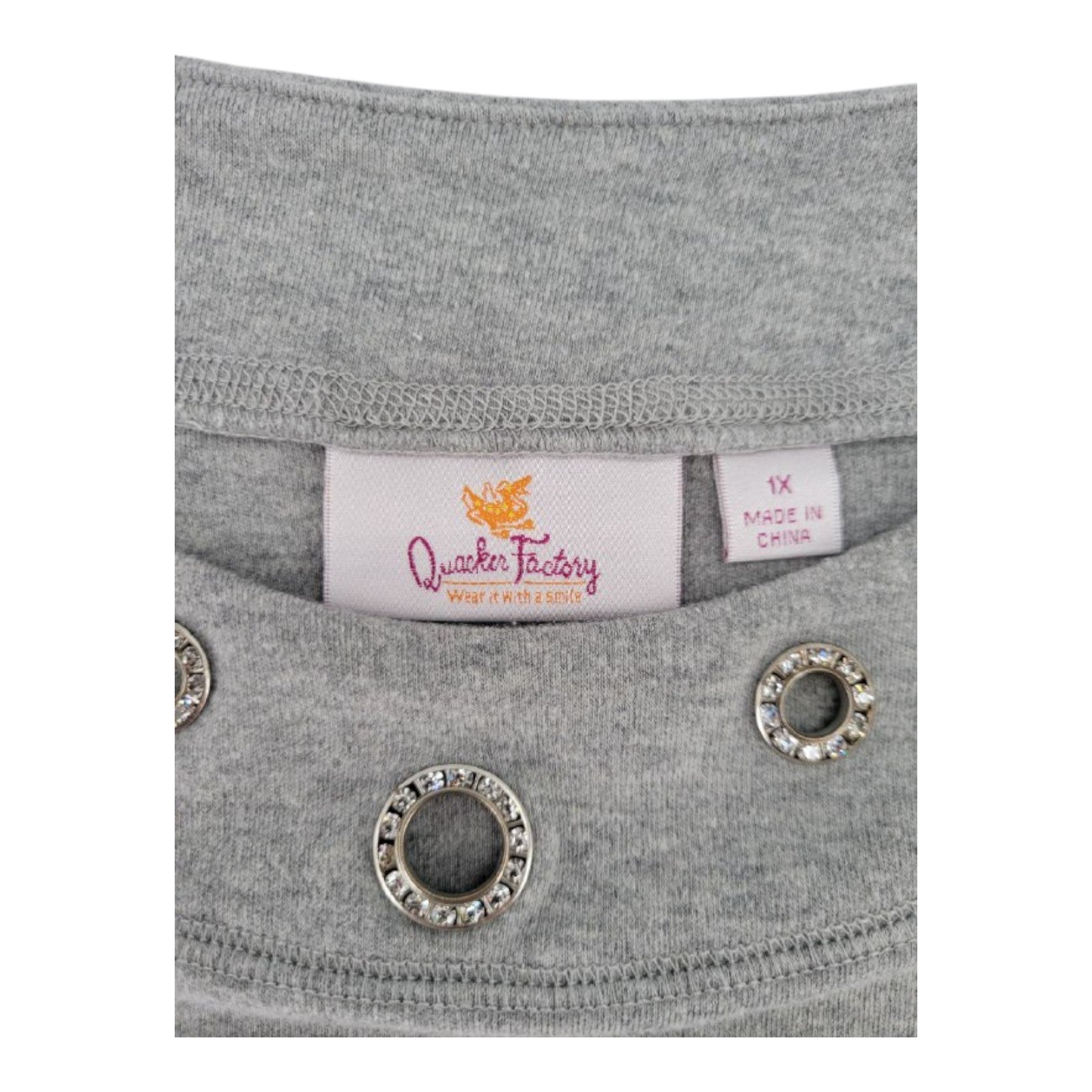 Quacker Factory Womens Gray Crystal Embellished Top 3/4 Sleeve Shirt 1X