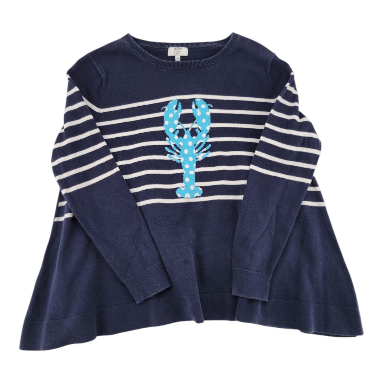 Crown & Ivy Petite Womens Navy Blue Lobster Intarsia Striped Pullover Sweater PM