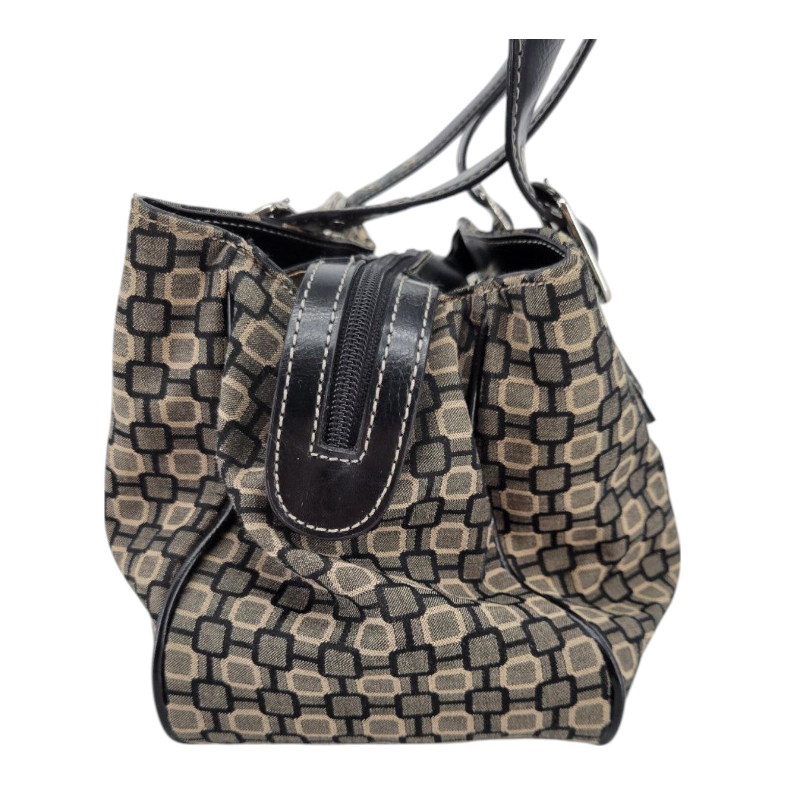 Nine West Black Brown Geometric Print Canvas Handbag Purse Leather Straps