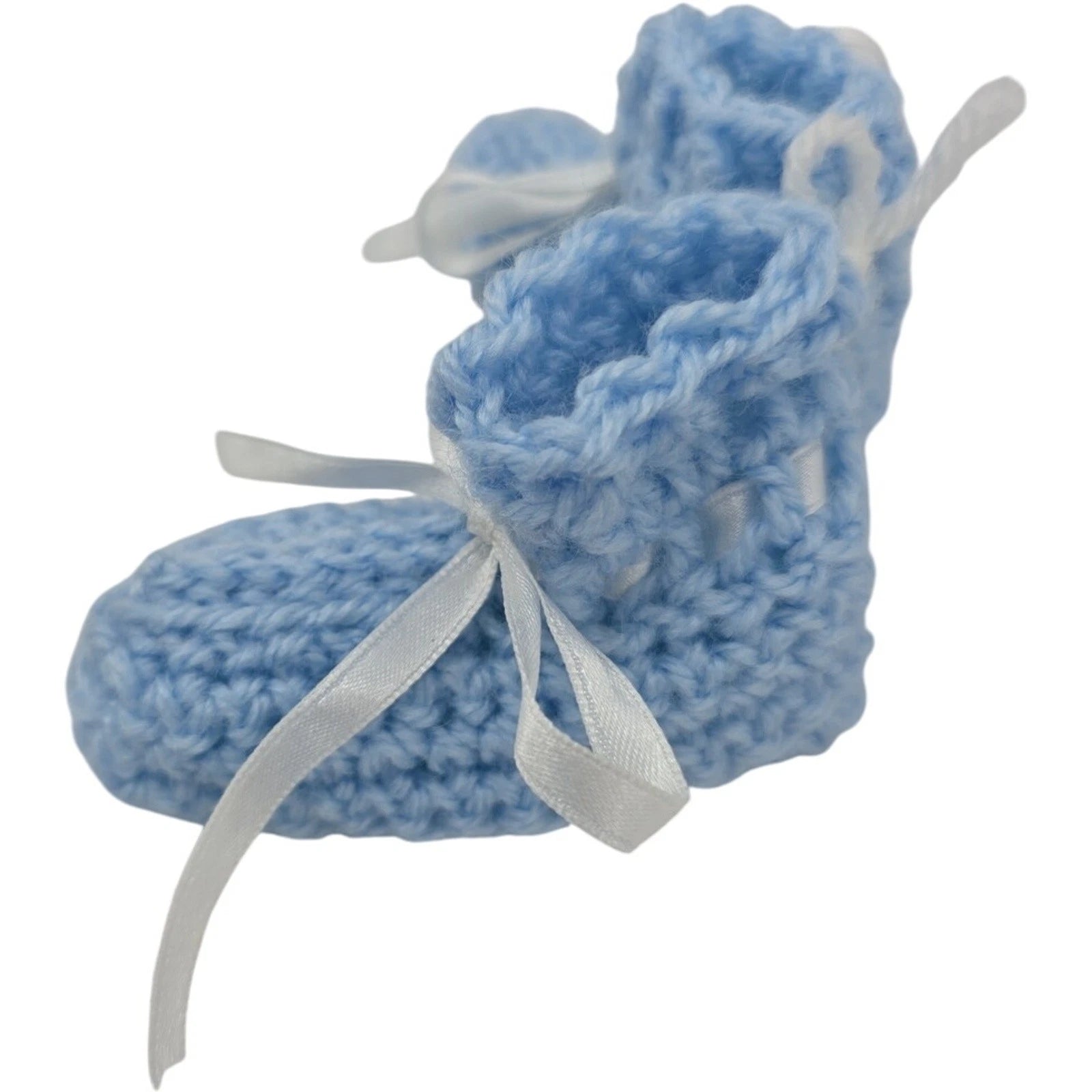 Vintage Handmade Blue Crochet Baby Booties with White Ribbon Ties – 3.5" Foot
