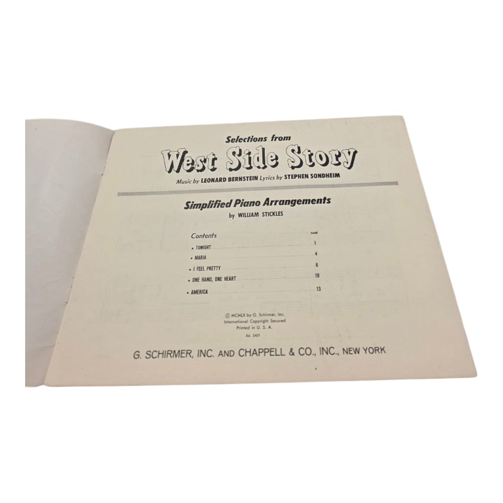 West Side Story Simplified Piano Arrangements Sheet Music William Stickles 1960