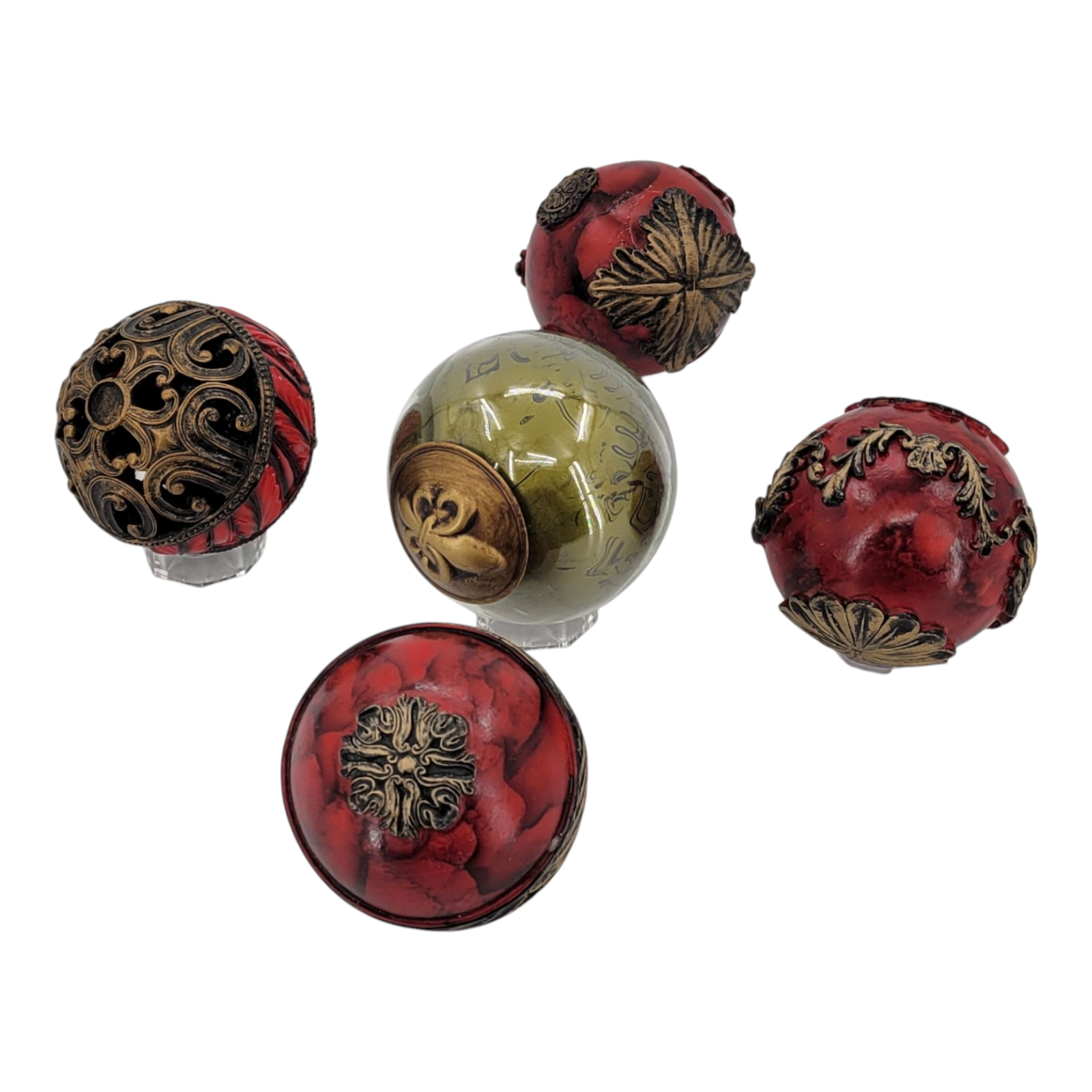 5 Aluminum Decorative Spheres Red and Green 4 Inch Embossed Accent Balls