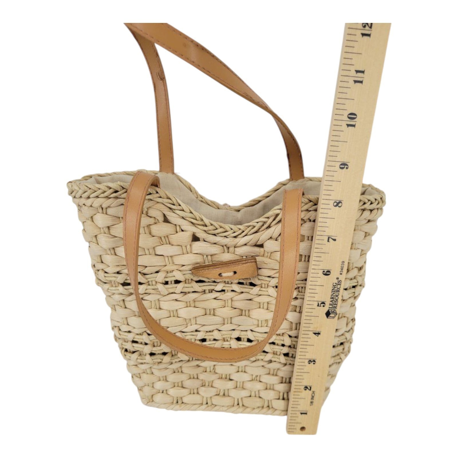 Womens Beige Tote Cornhusk Handbag with Leather Handles and Beads