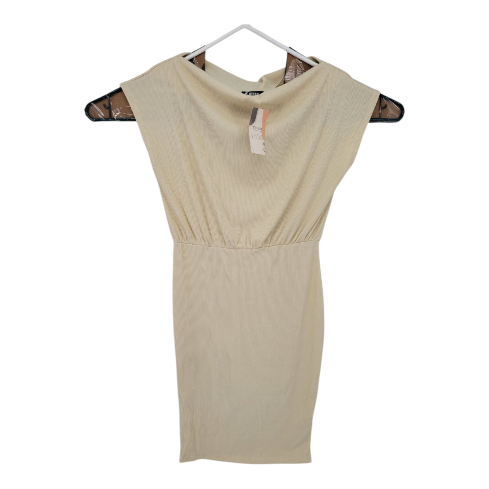 BTFBM Women's Beige Ribbed Knit Midi Dress Cap Sleeve Stretch Casual Size L