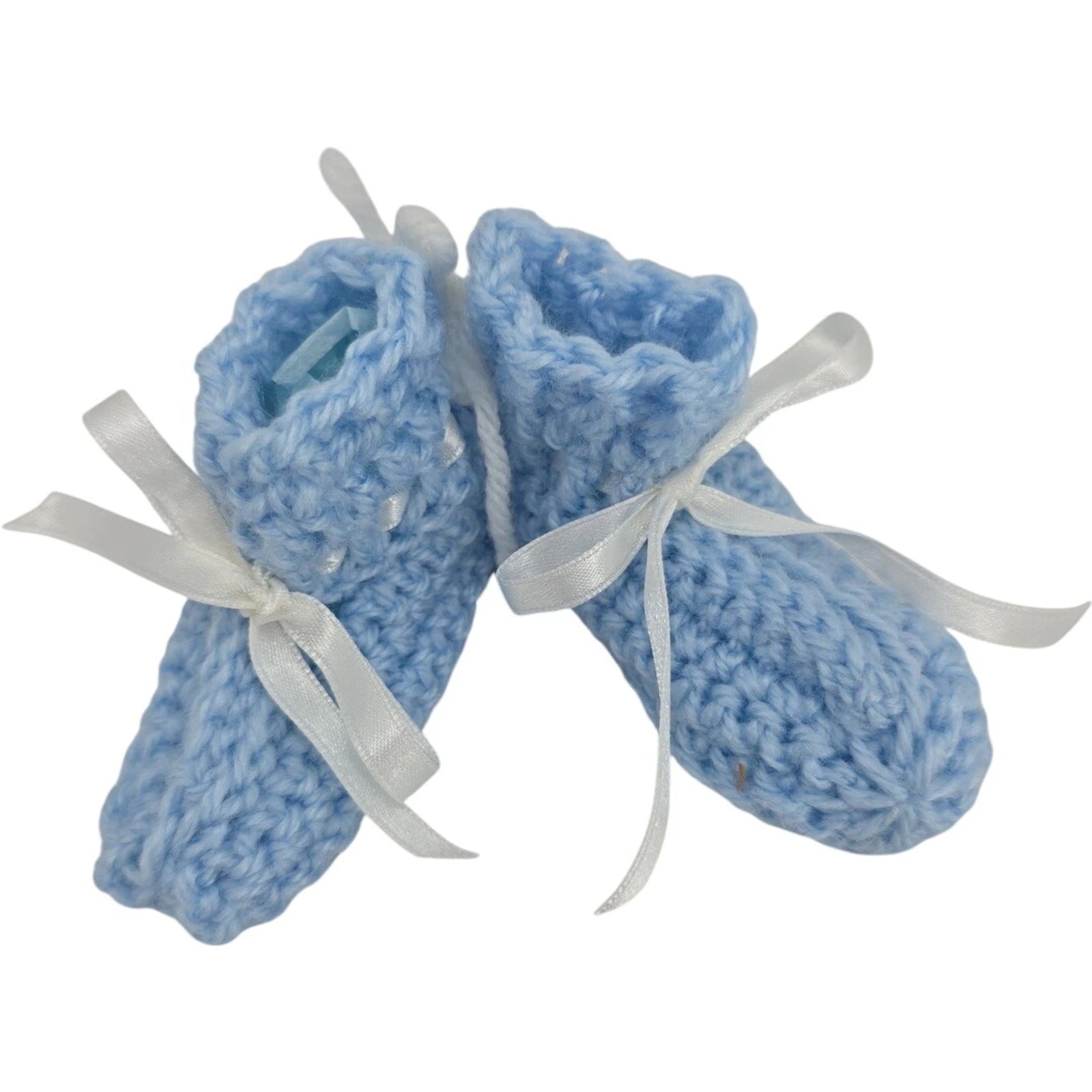 Vintage Handmade Blue Crochet Baby Booties with White Ribbon Ties – 3.5" Foot