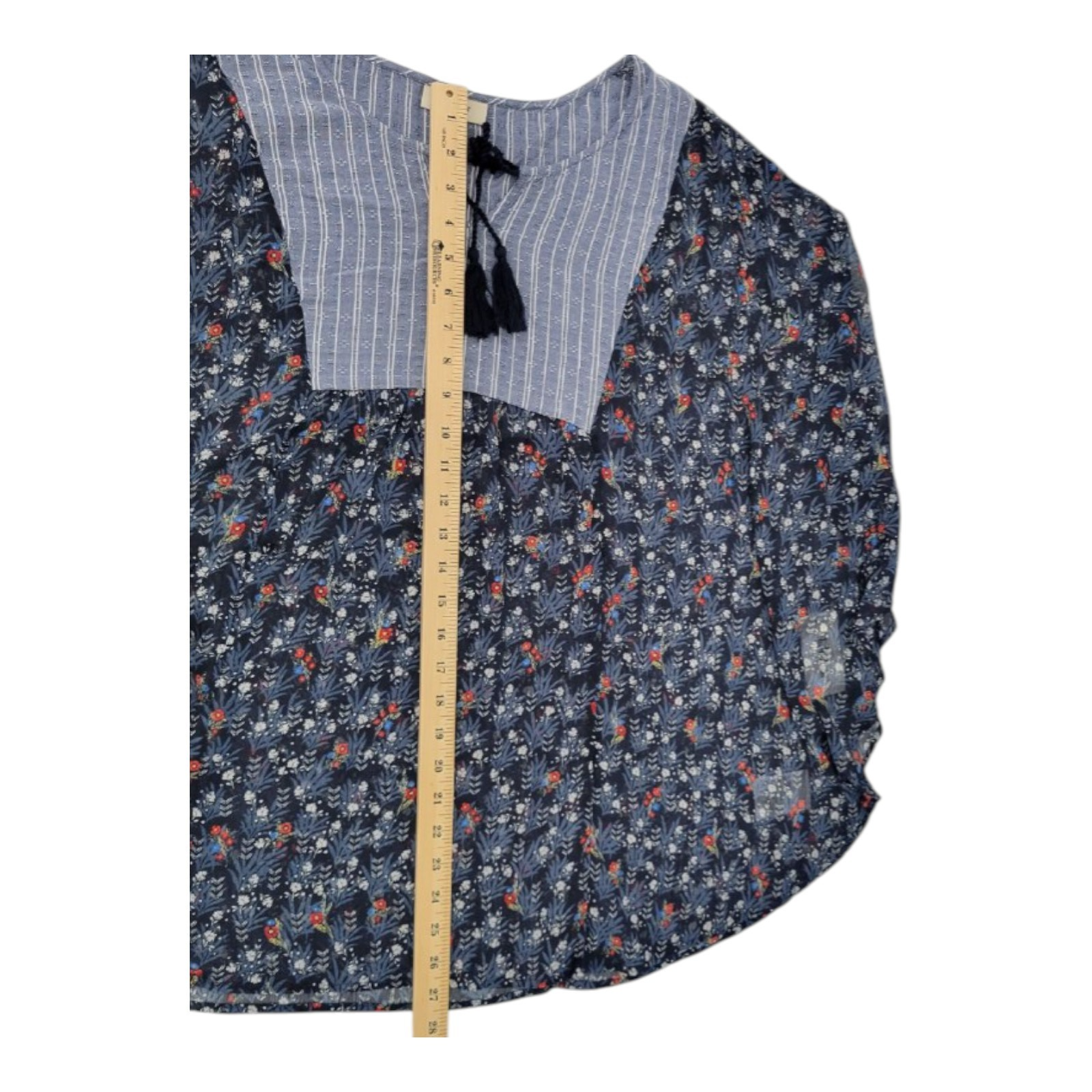 Style & Co Women's Boho Tassel Blouse Navy Floral Stripe Print Top XL