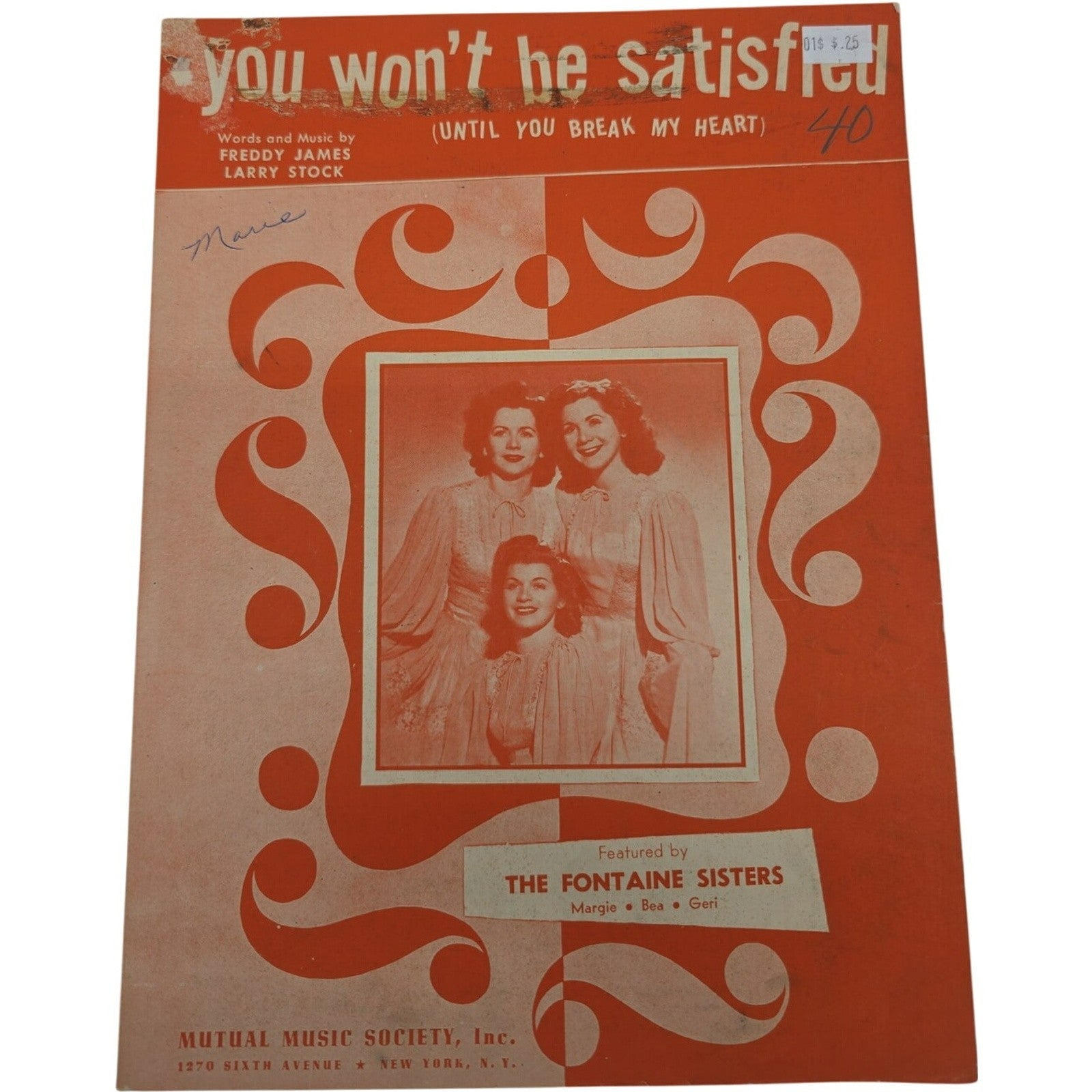 You Wont Be Satisfied Until You Break My Heart Fontaine Sisters Sheet Music 1945
