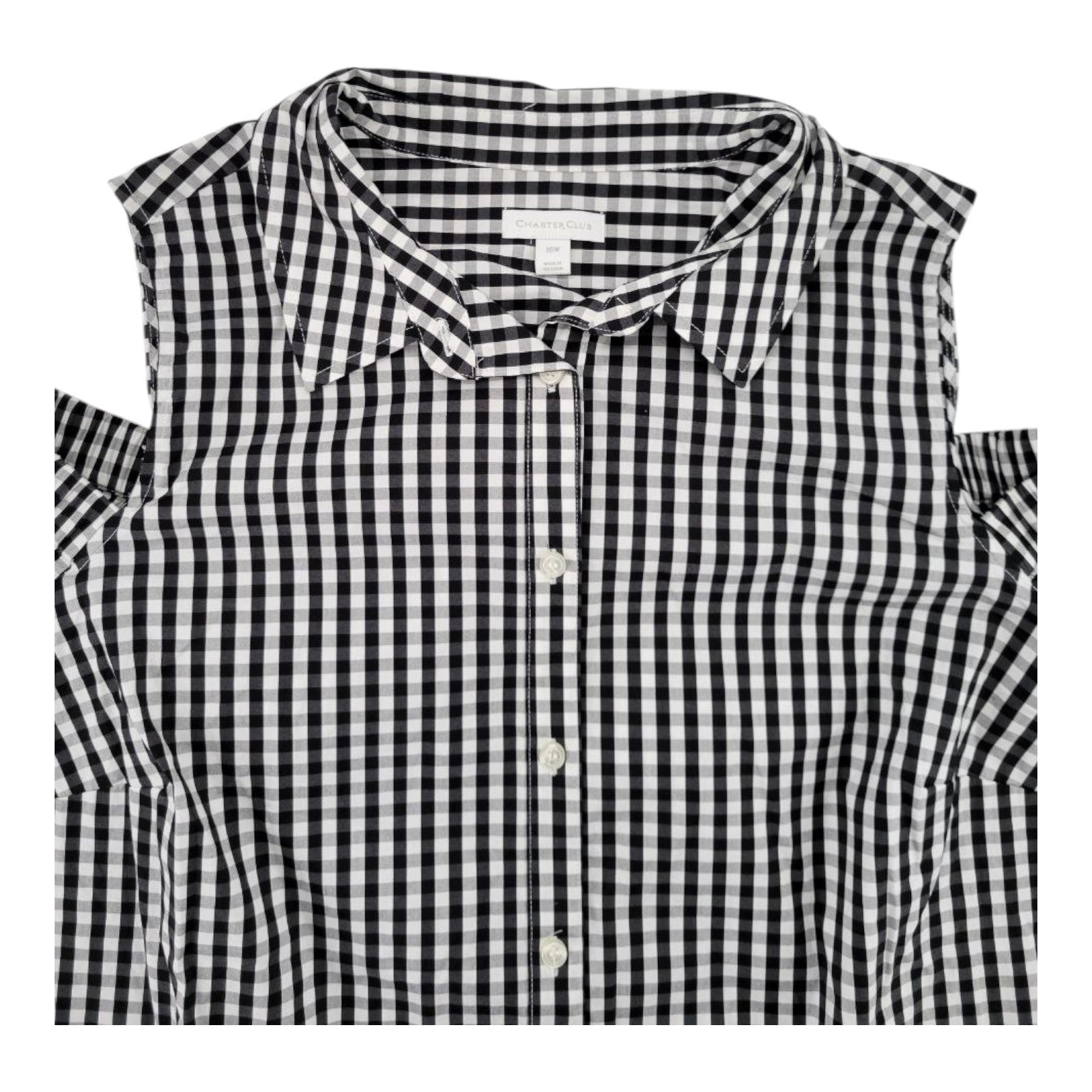 Charter Club Woman Gingham Cold Shoulder Top Black White Button Front 18W