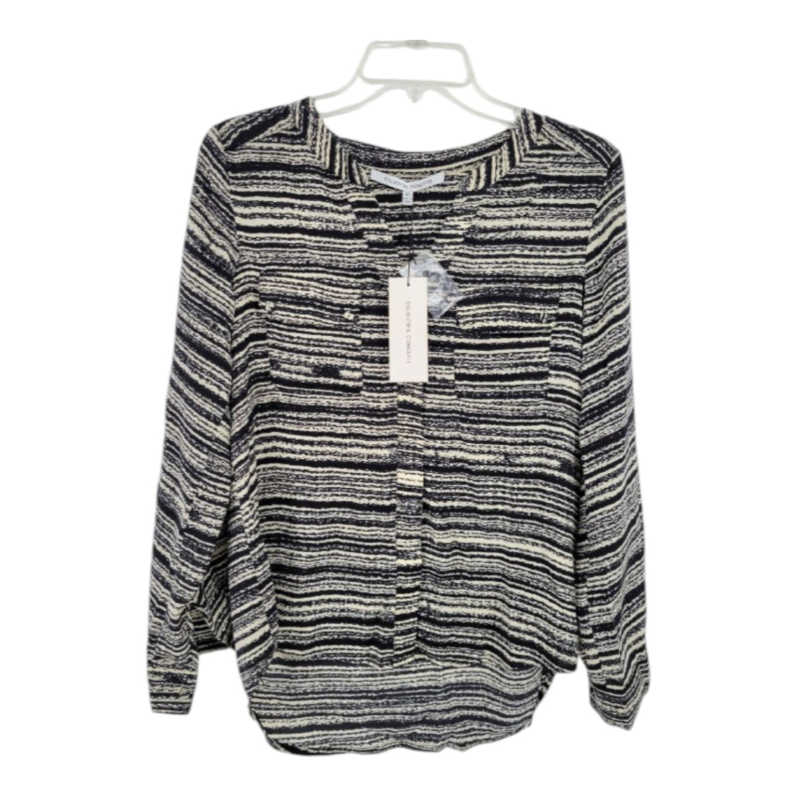 Collective Concepts Women's Black Cream Abstract Stripe Blouse XS Long Sleeve