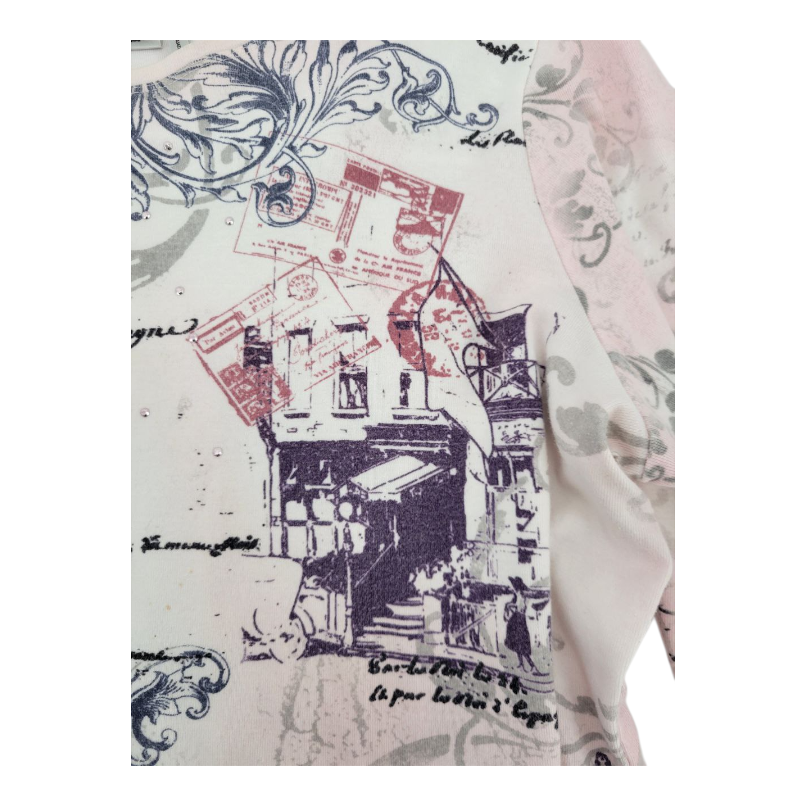 Nicole Miller Le Bistro de Marlene Pink Paris Print Top Blouse XL Long Sleeve