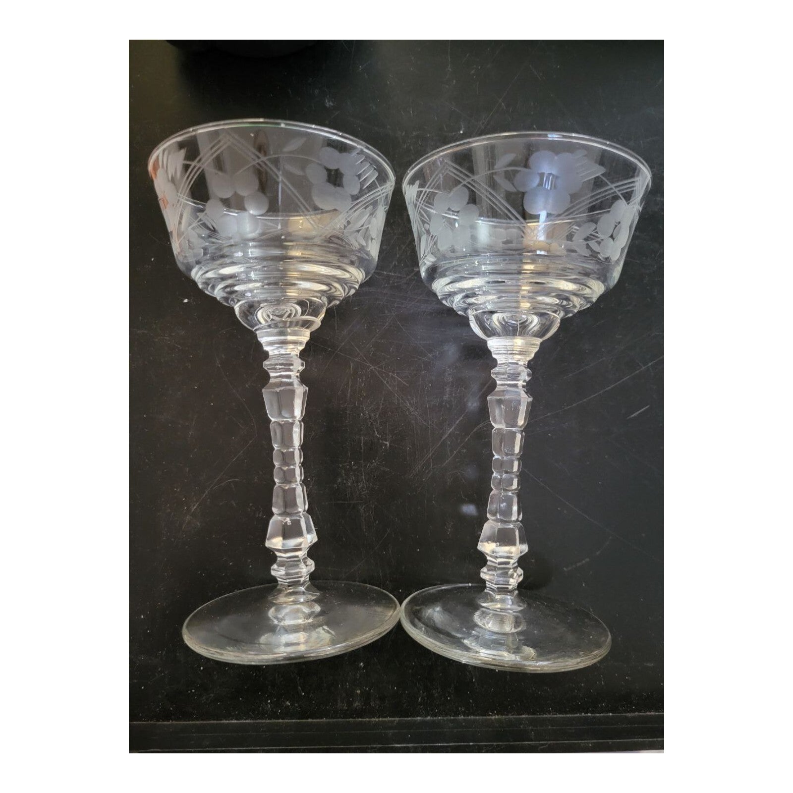 Vintage Etched Crystal Wine Sherbet Glasses Set of 2 Libbey Stem 5.75"