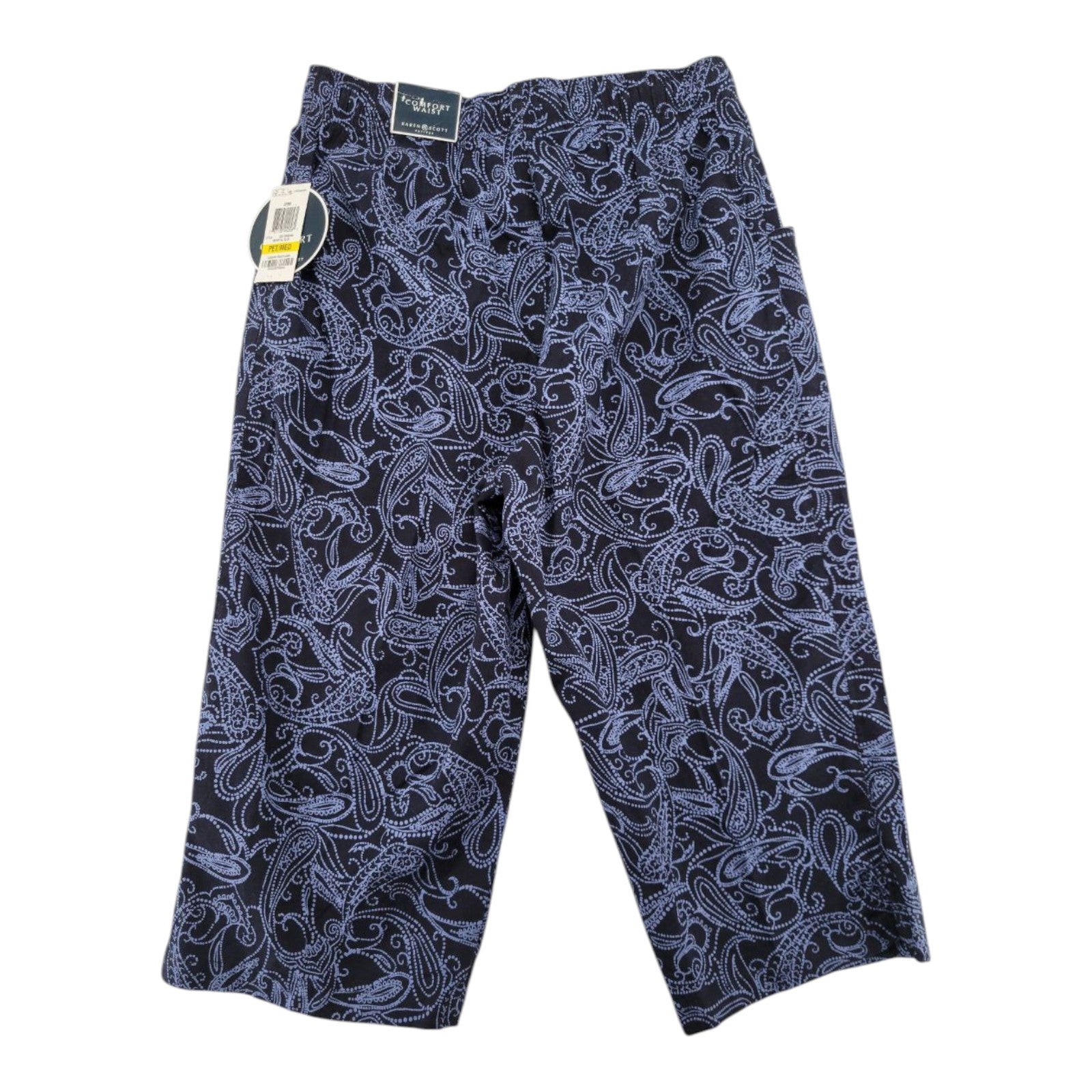 Karen Scott Petites Capri Pants Medieval Blue Paisley Comfort Waist Cotton Blend