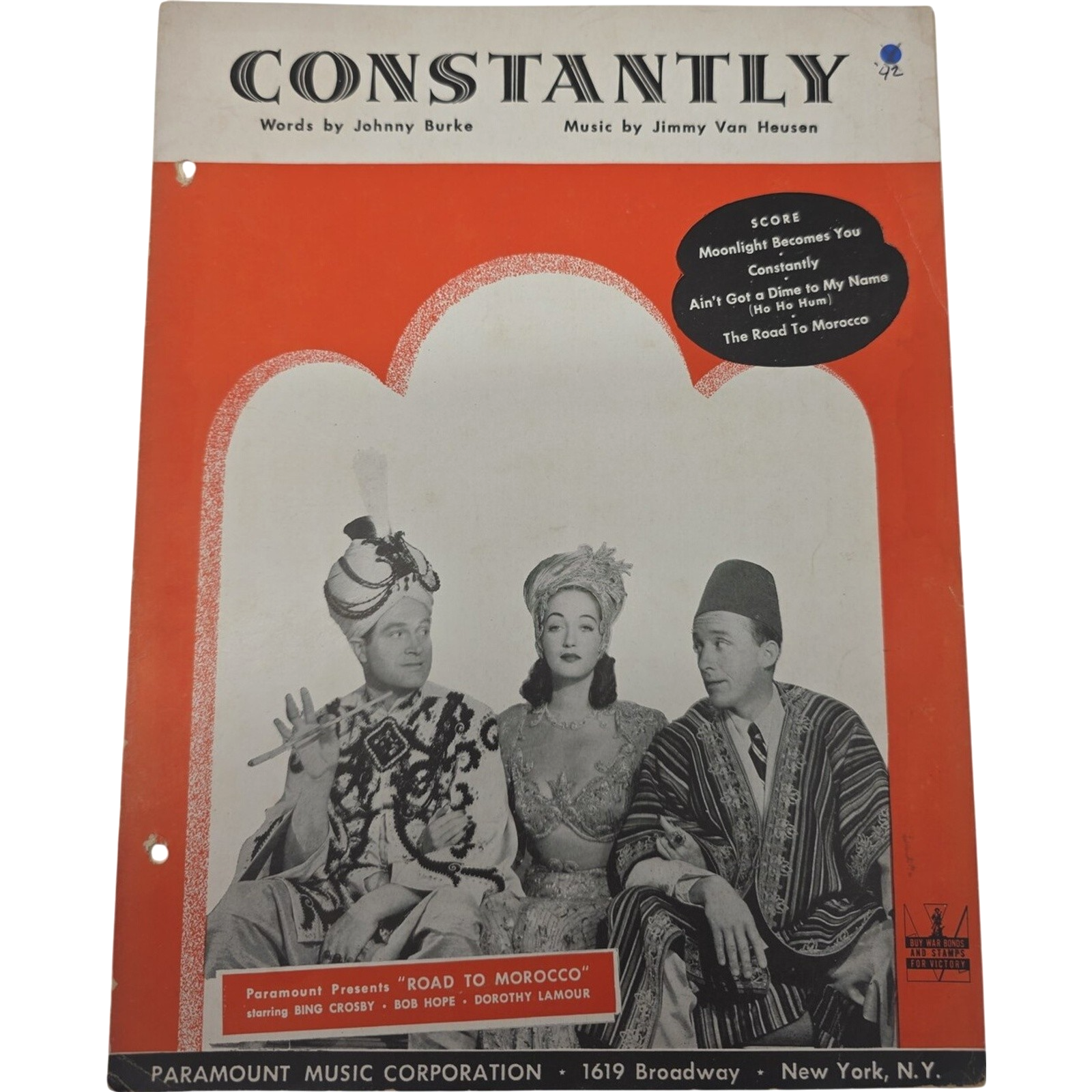 1942 Sheet Music Constantly Bing Crosby Bob Hope Dorothy Lamour Road to Morocco