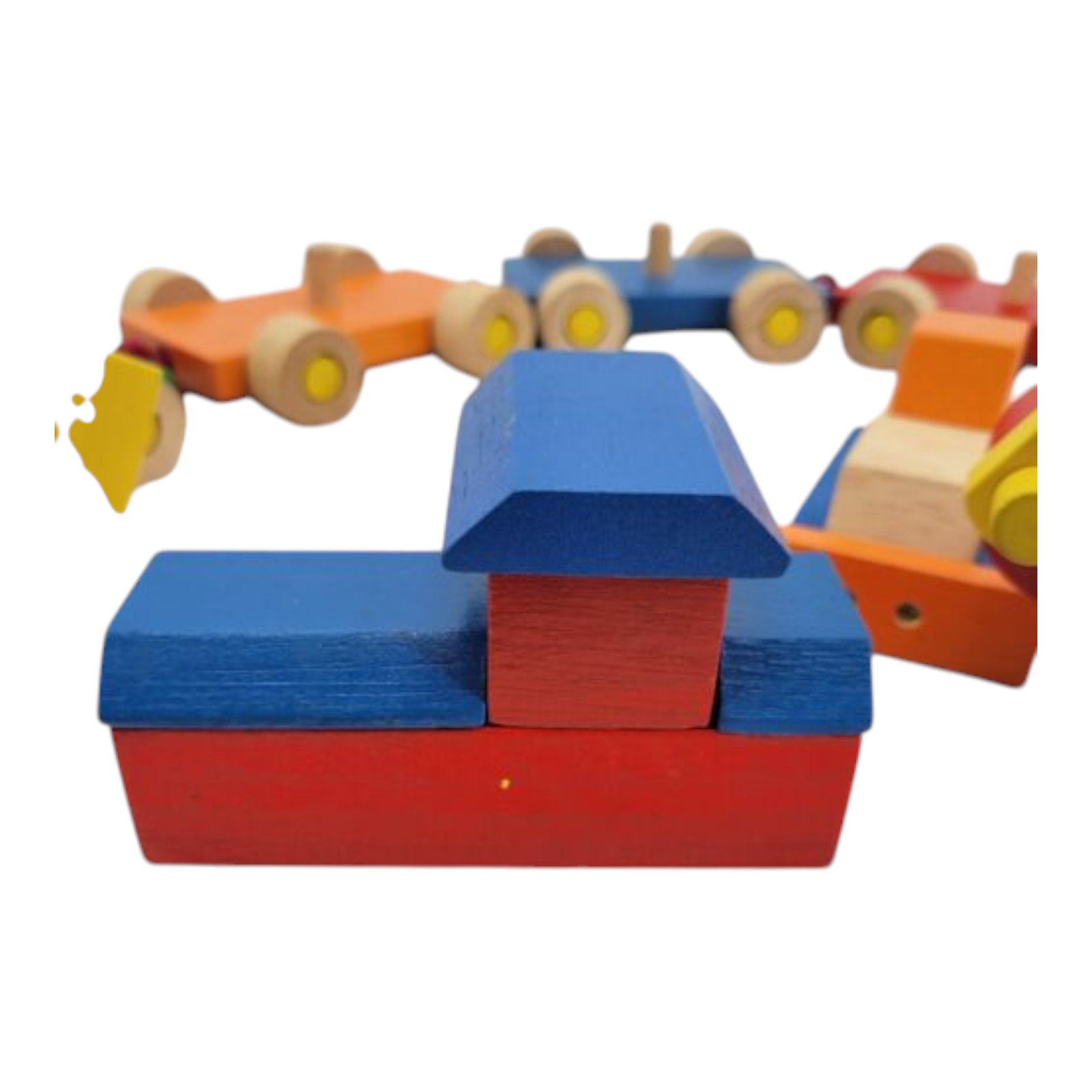 Vintage Toy Wood Train Blue Yellow Red Green with Wood Crain Dump Truck