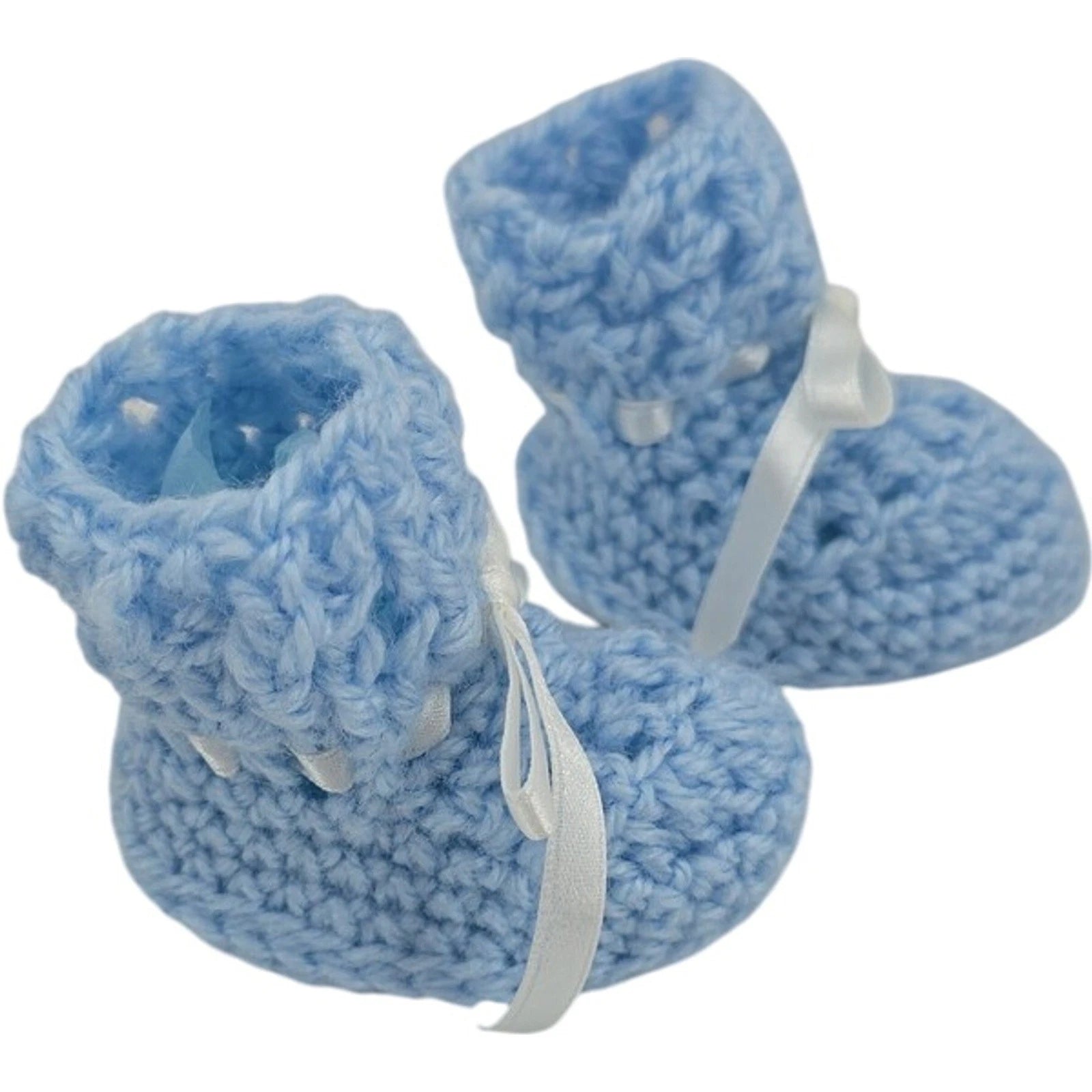 Vintage Handmade Blue Crochet Baby Booties with White Ribbon Ties – 3" Foot