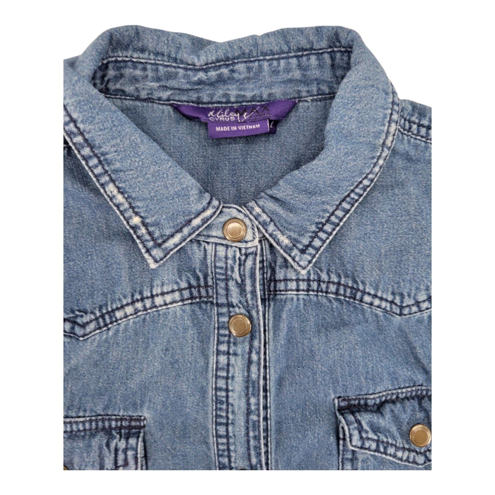Miley Cyrus Max Azria Western Denim Shirt Snap Button Long Sleeve Distressed L