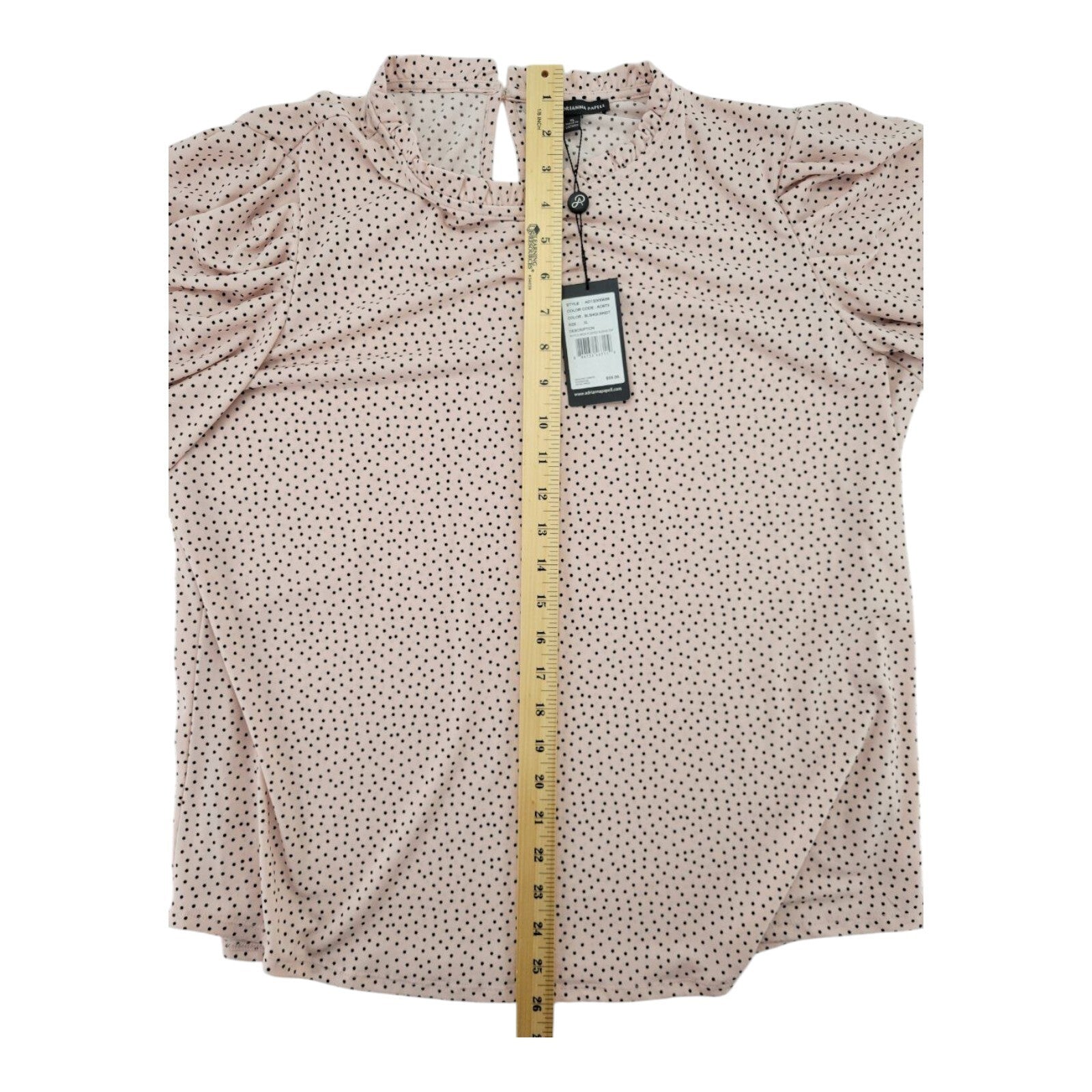 Adrianna Papell Pink Polka Dot Blouse Womens Ruffle Neck Puff Sleeves Size XL