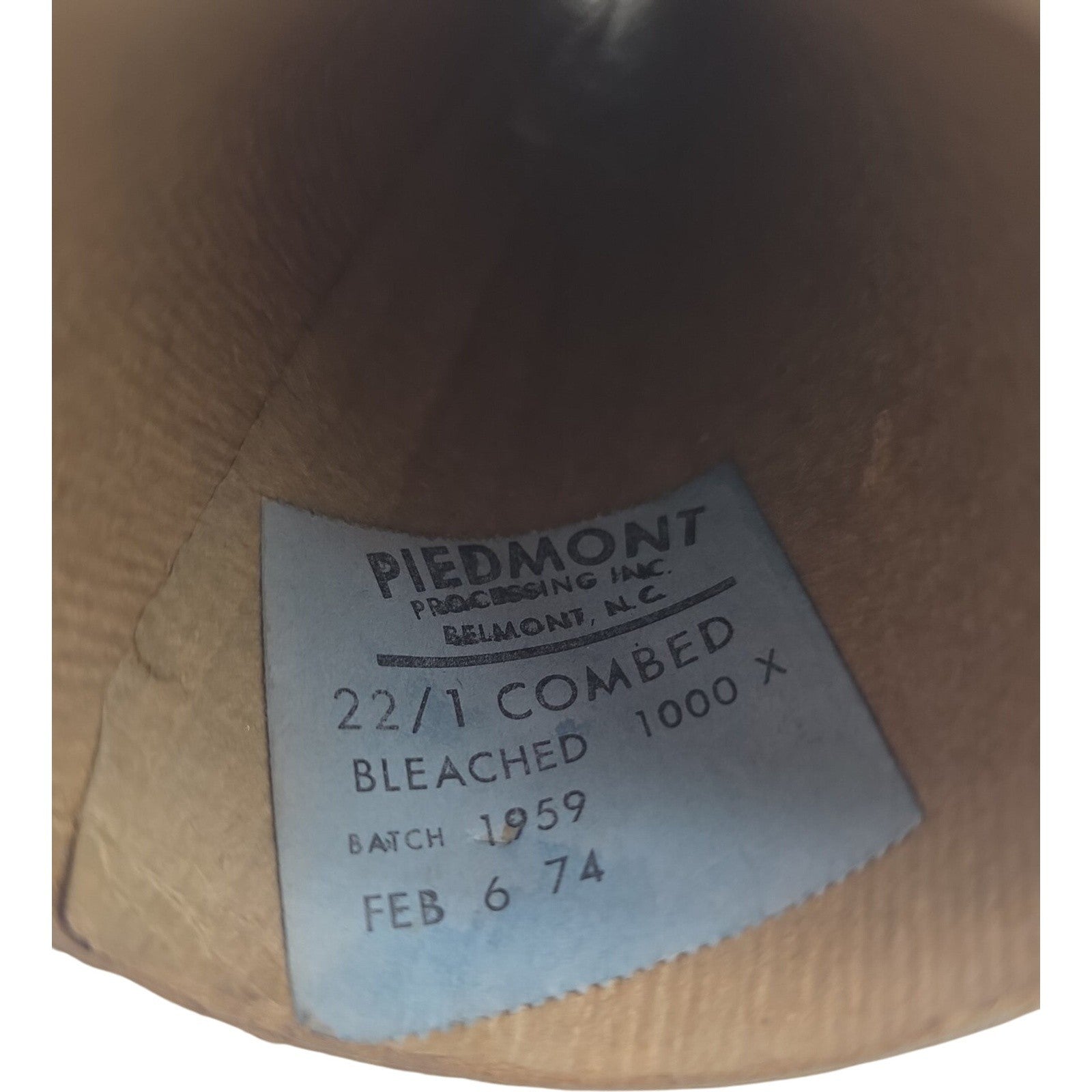 Vintage Piedmont Processing Cotton Combed Bleached White Yarn Cone 22/1