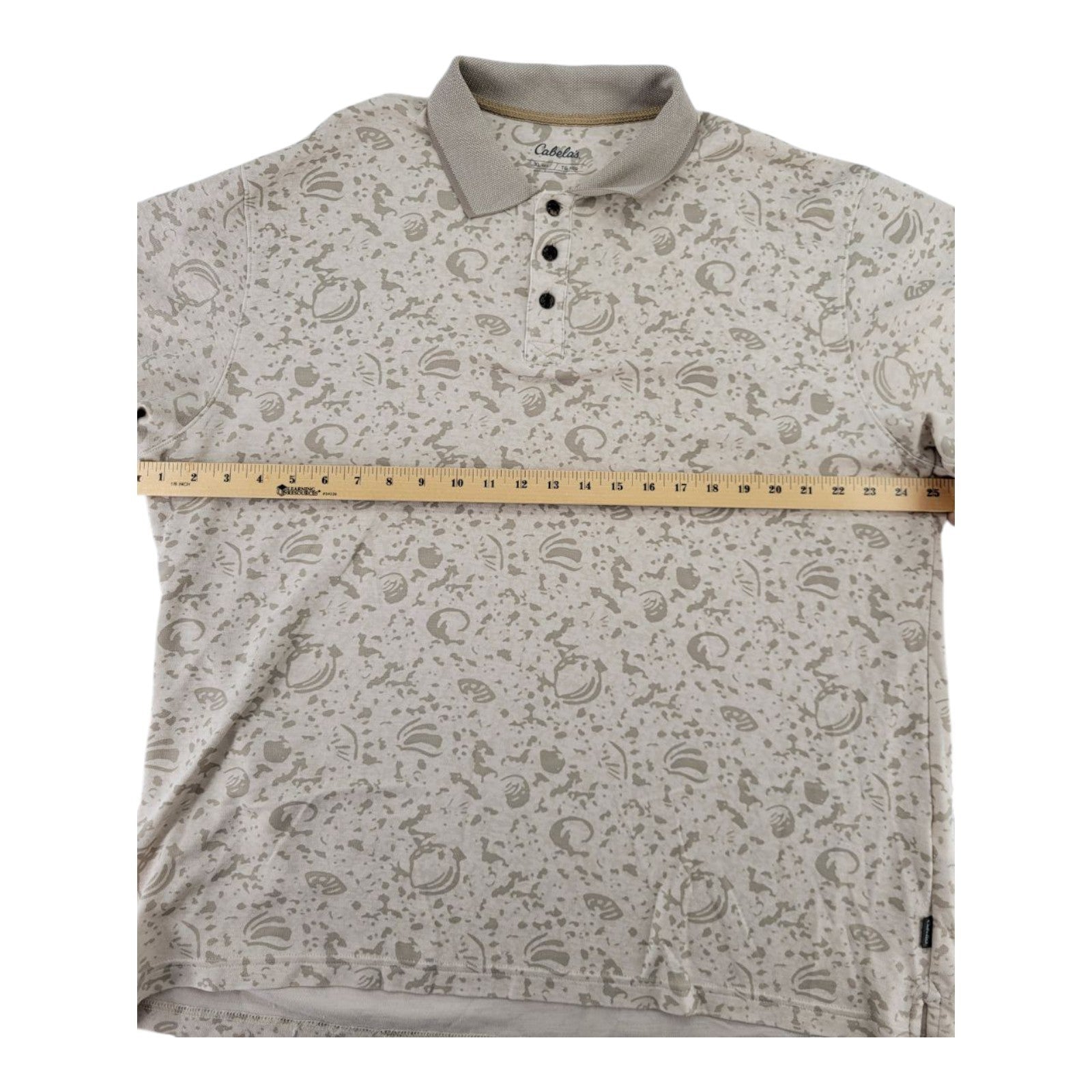 Cabelas Mens Polo Shirt Beige All Over Print Casual Short Sleeve Size XL