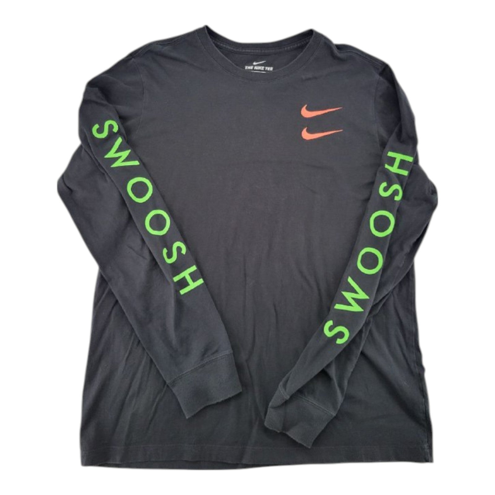 Nike Swoosh Long Sleeve Tee Size L Black Neon Green Double Logo