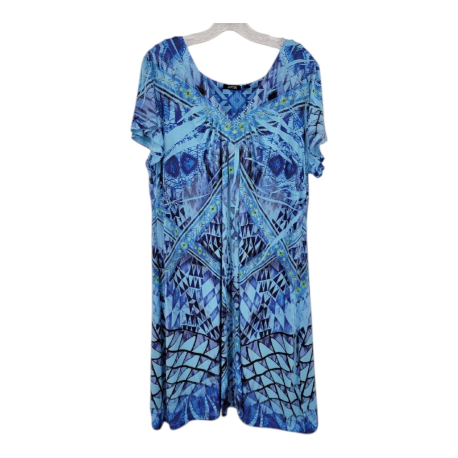 APT 9 Women's Blue Geometric V-Neck Dress Embellished Short Sleeve 2X