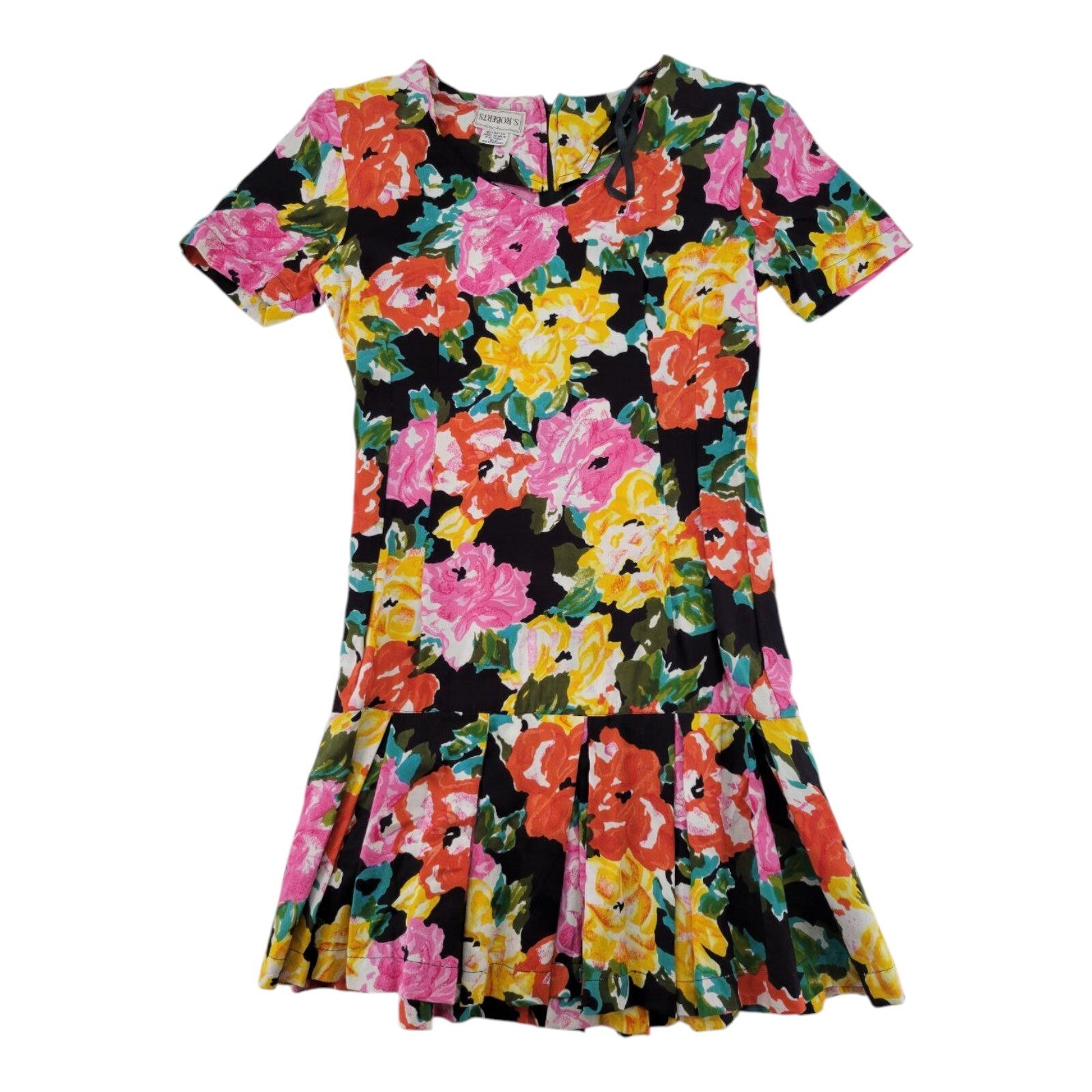 S Roberts Vintage Floral Rayon Mini Dress Pleated Short Sleeve Size 5/6