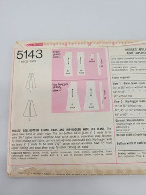 1970’s Simplicity 5143 Hip Hugger Big Bell Pants Size 10