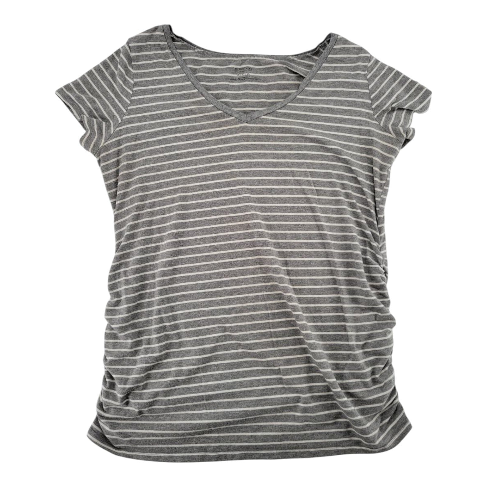 Motherhood Maternity Gray White Stripe T-Shirt Top Side Ruched V Neck Size XL