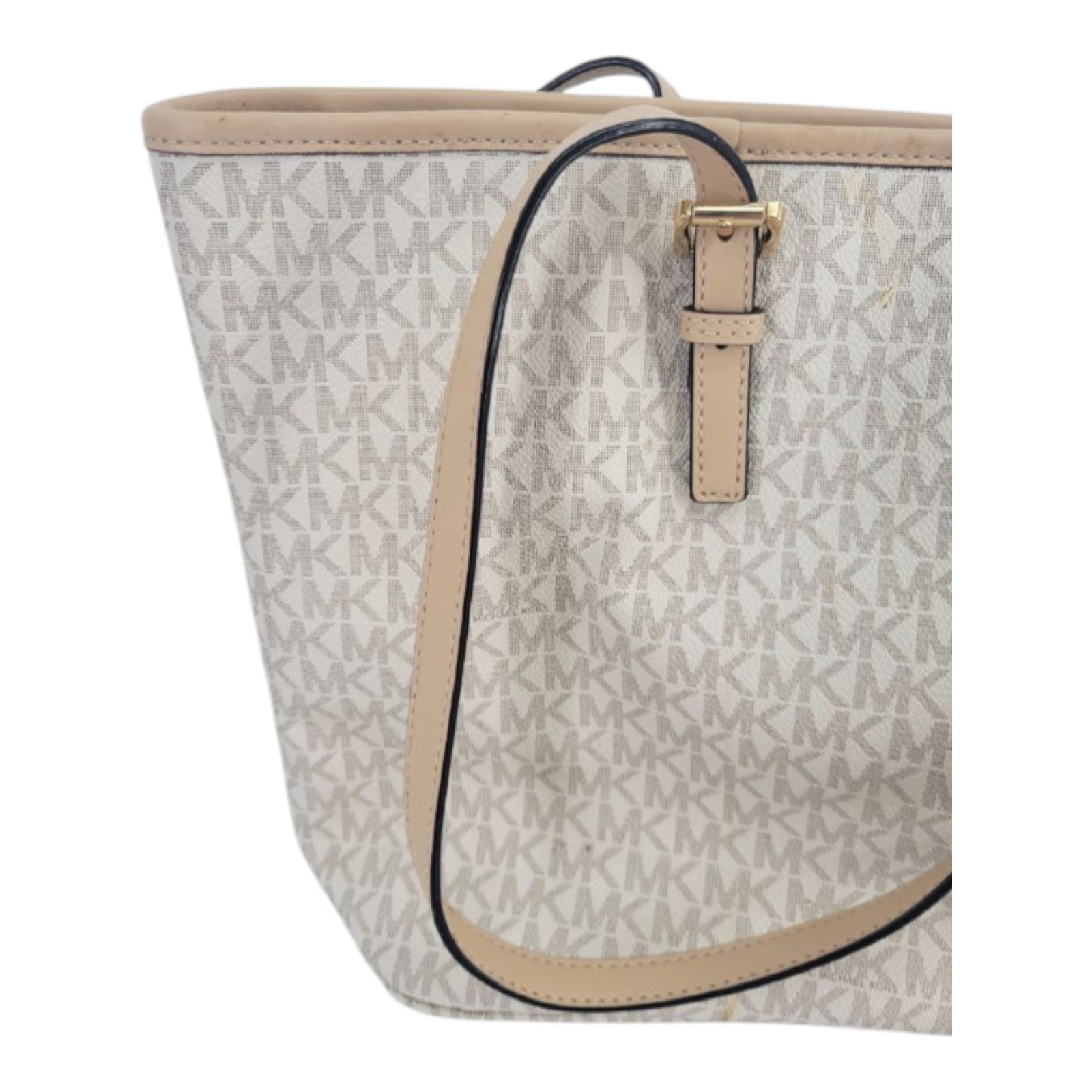 Michael Kors Jet Set Travel Tote Vanilla MK Logo Canvas Leather Gold Charm