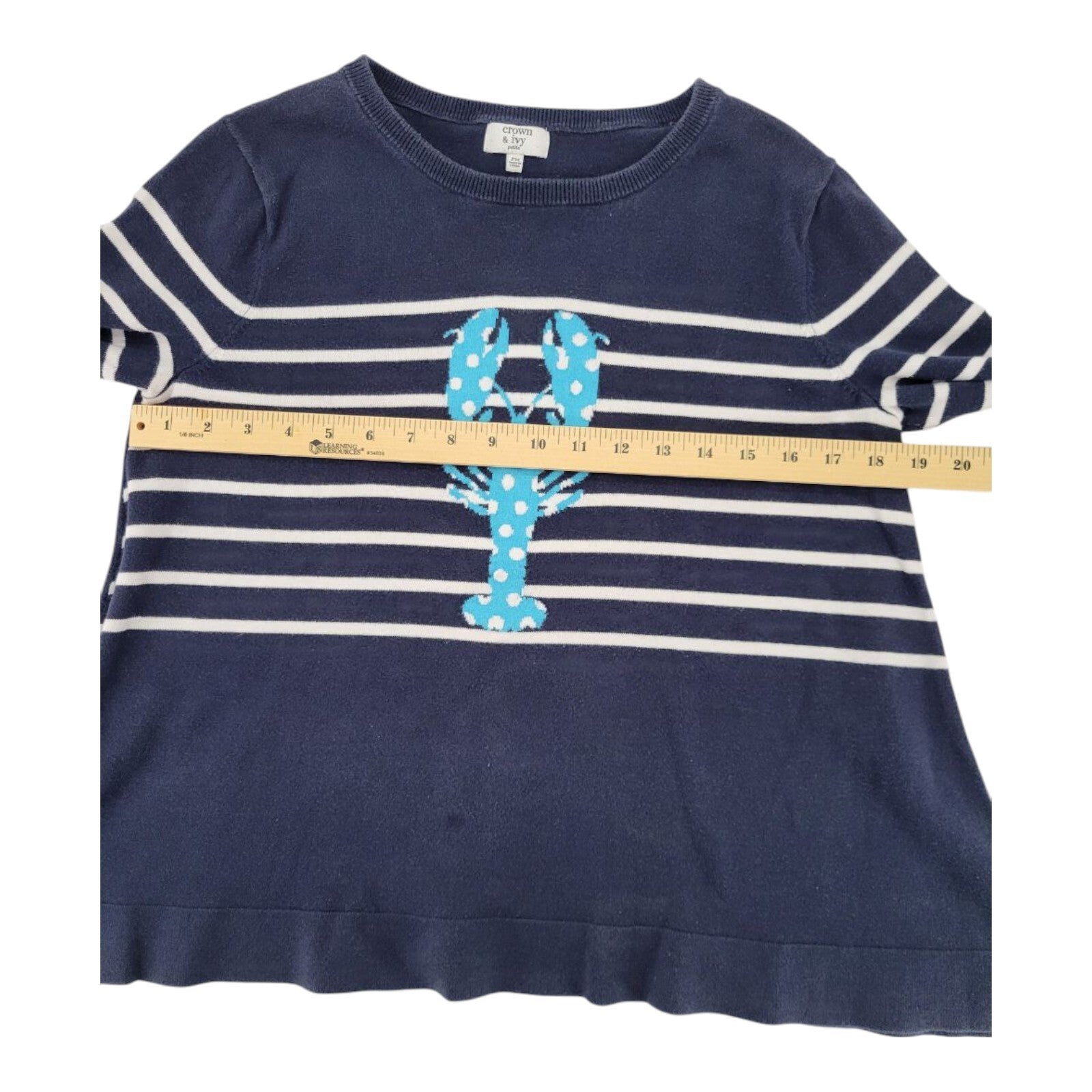 Crown & Ivy Petite Womens Navy Blue Lobster Intarsia Striped Pullover Sweater PM