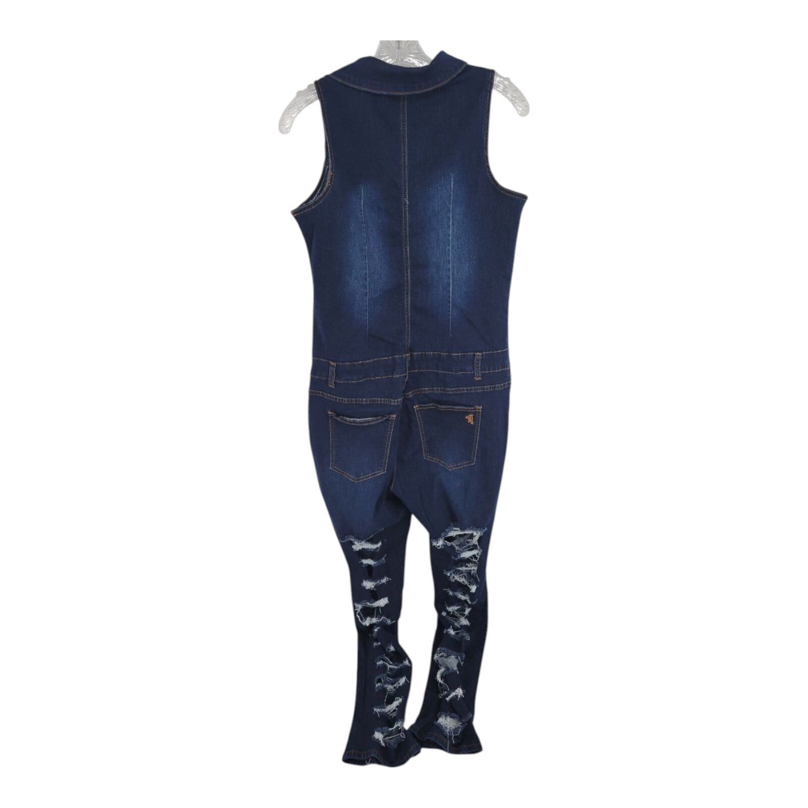 VIP Jeans Skinny Sleeveless Zip Up Blue Distressed Denim Jumpsuit 1X