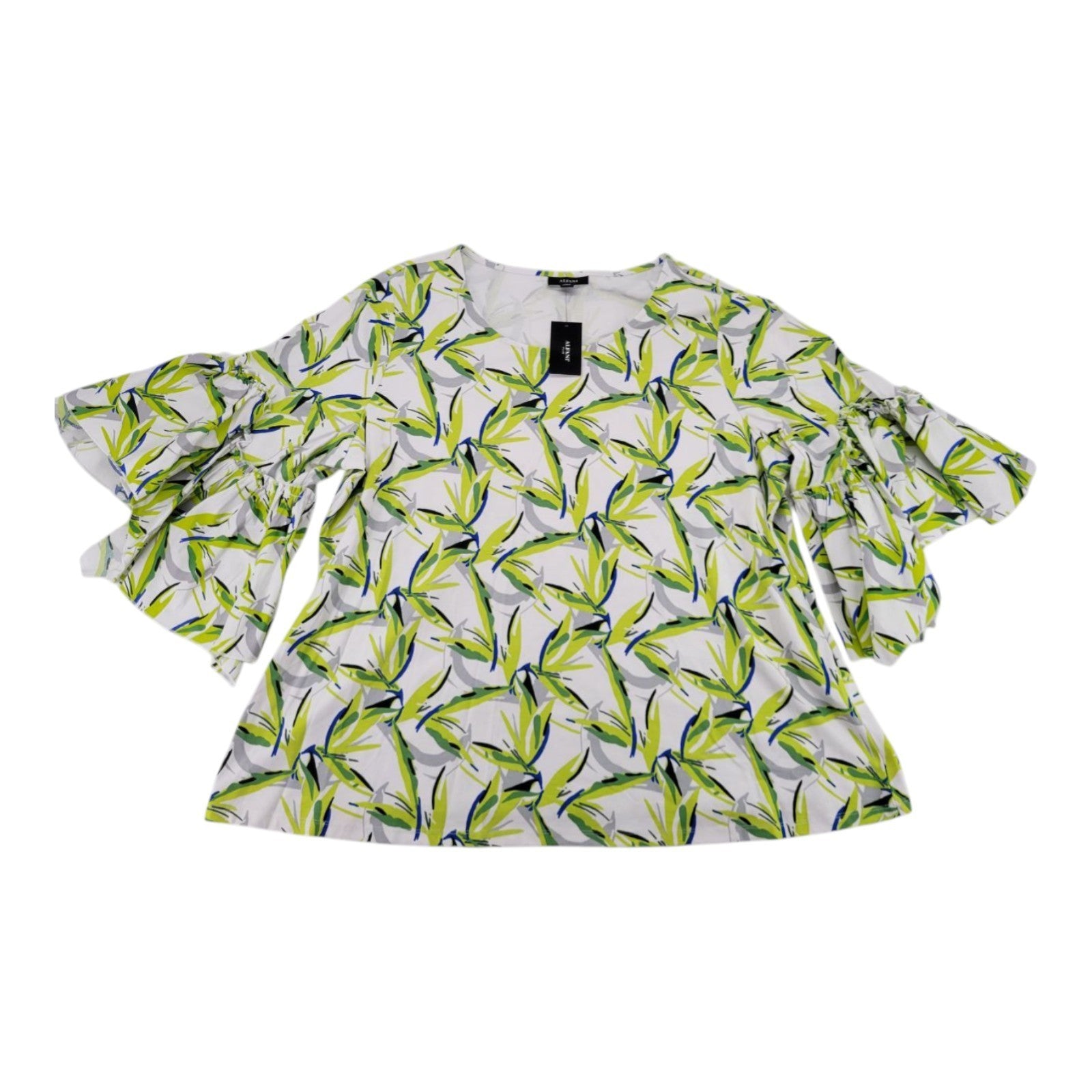 Alfani Plus Women's 3X Leaf Print Blouse Cobalt Breeze Ruffle Sleeve Top
