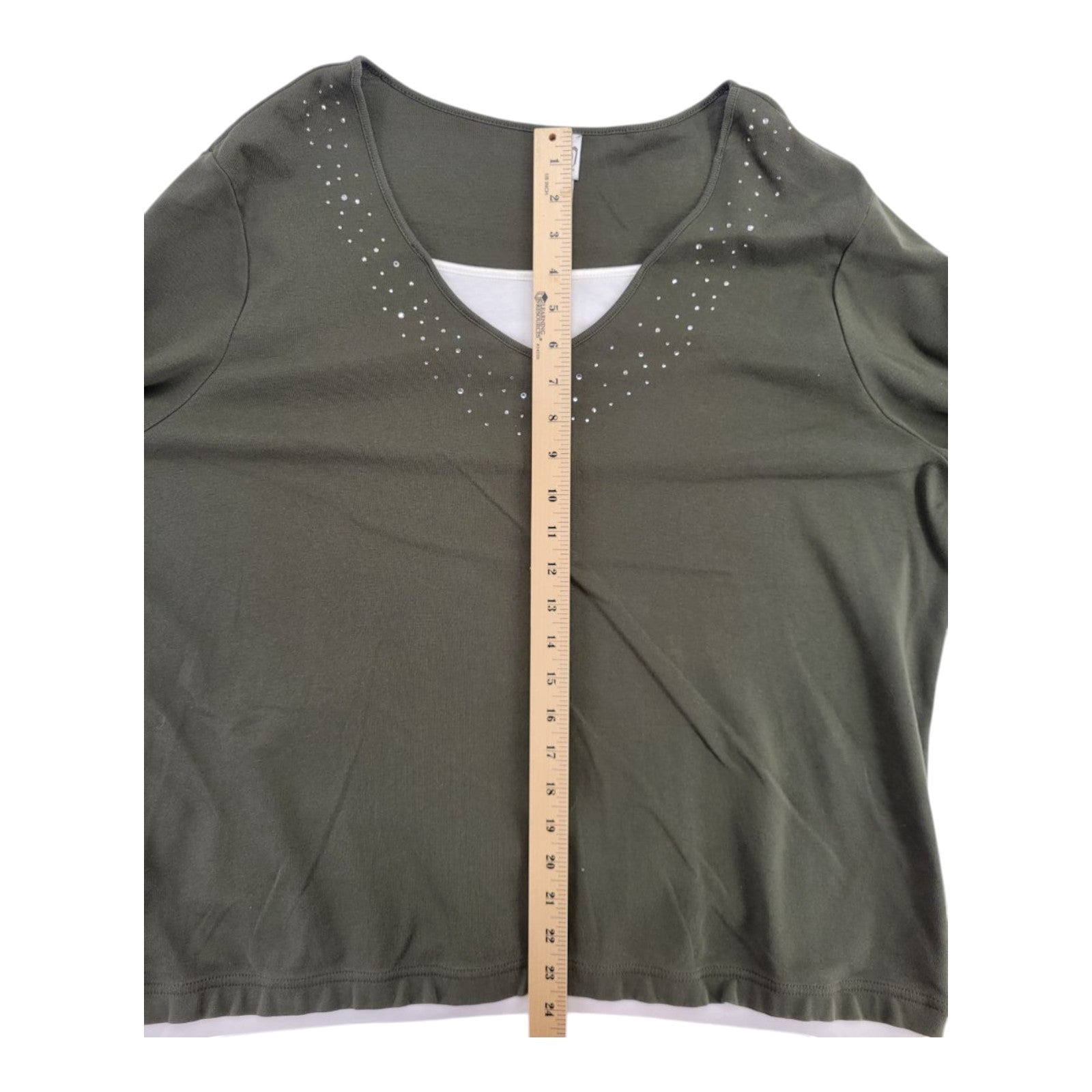 Women's Olive Green V-Neck Rhinestone Long Sleeve Shirt Plus Size 22/24W