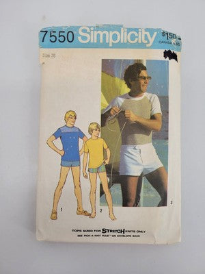 70’s Vintage Sewing Pattern Men's Tops Swim Shorts Size 38 Simplicity 7550