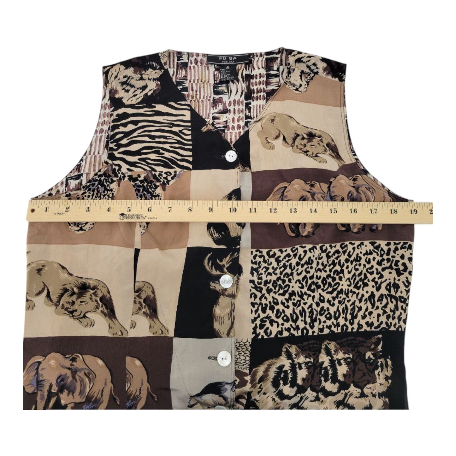 FU DA Fine Silk Sleeveless Safari Animal Print Button Front Vest PM