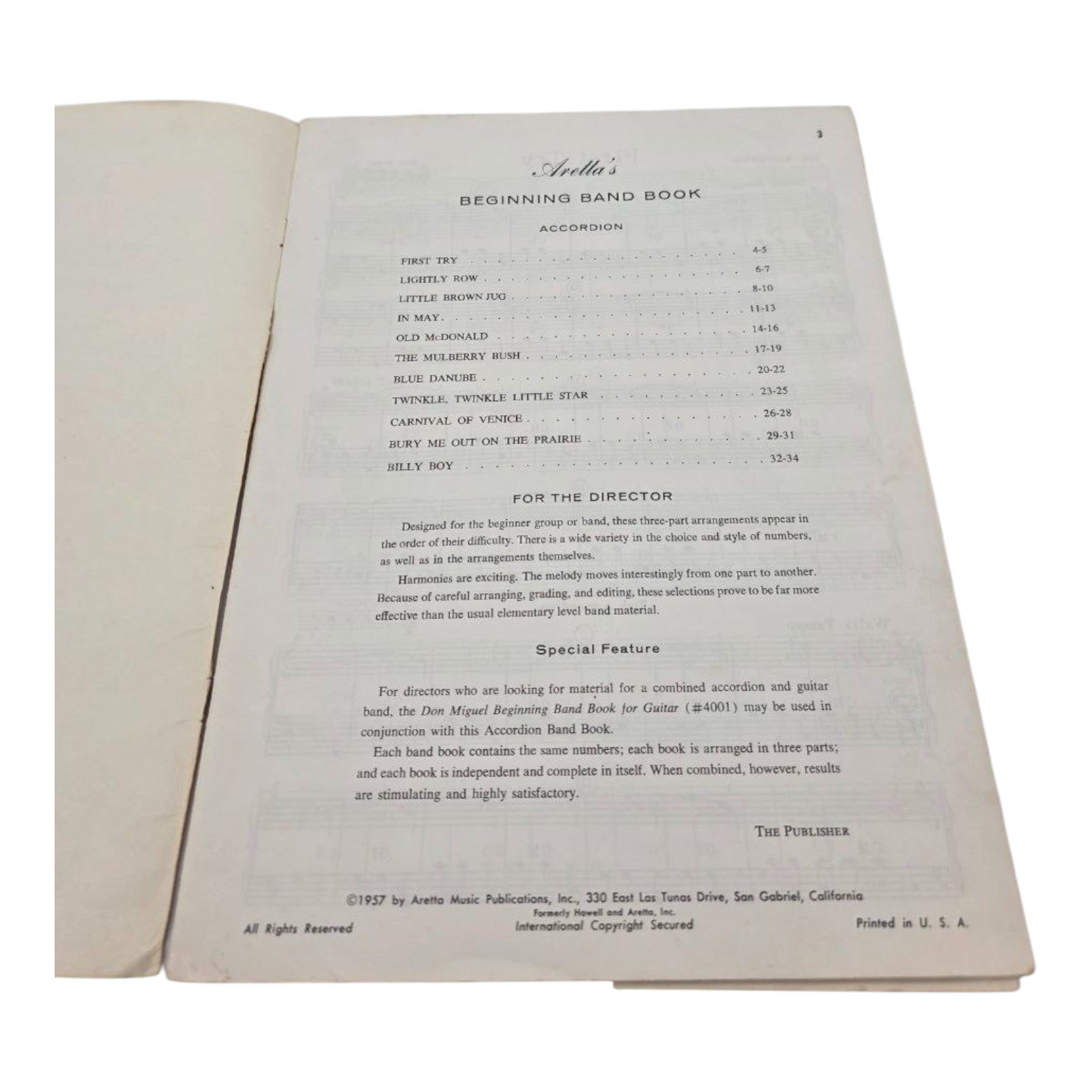 Aretta Accordion Band 3rd Band Book Beginning Series Music Sheet 1957