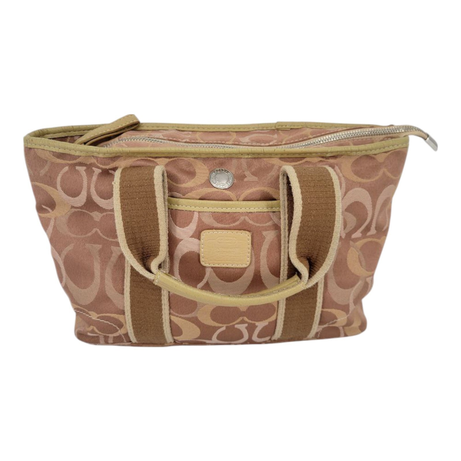 Coach Signature C Canvas Tote Bag Pink Tan Logo Print Zip Top G04M-6600