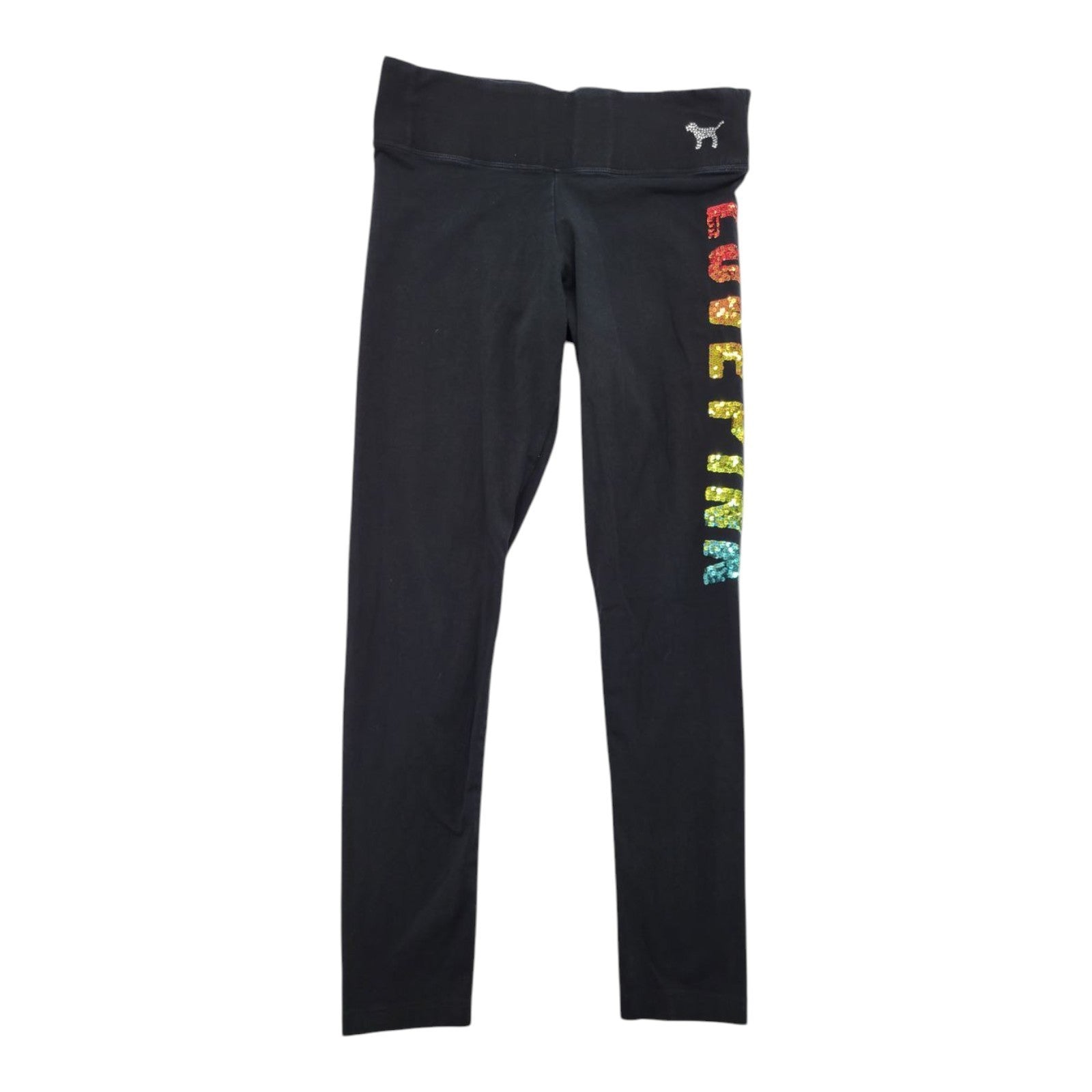 Victorias Secret PINK Bling Ombre Rainbow Sequin LOVE PINK Logo Black Leggings L