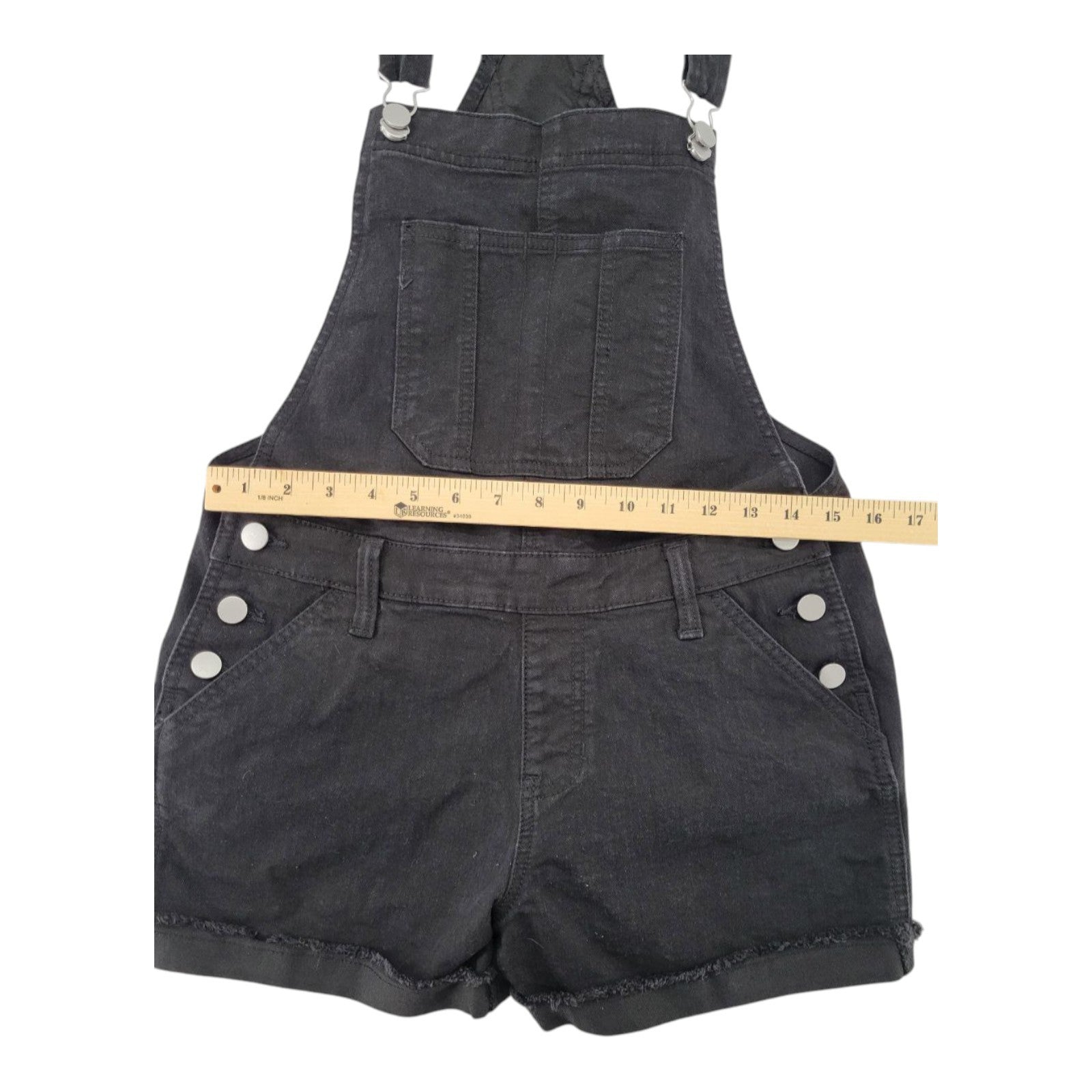 No Boundaries NOBO Women's Black Denim Overall Shorts Frayed Hem Size M (7-9)