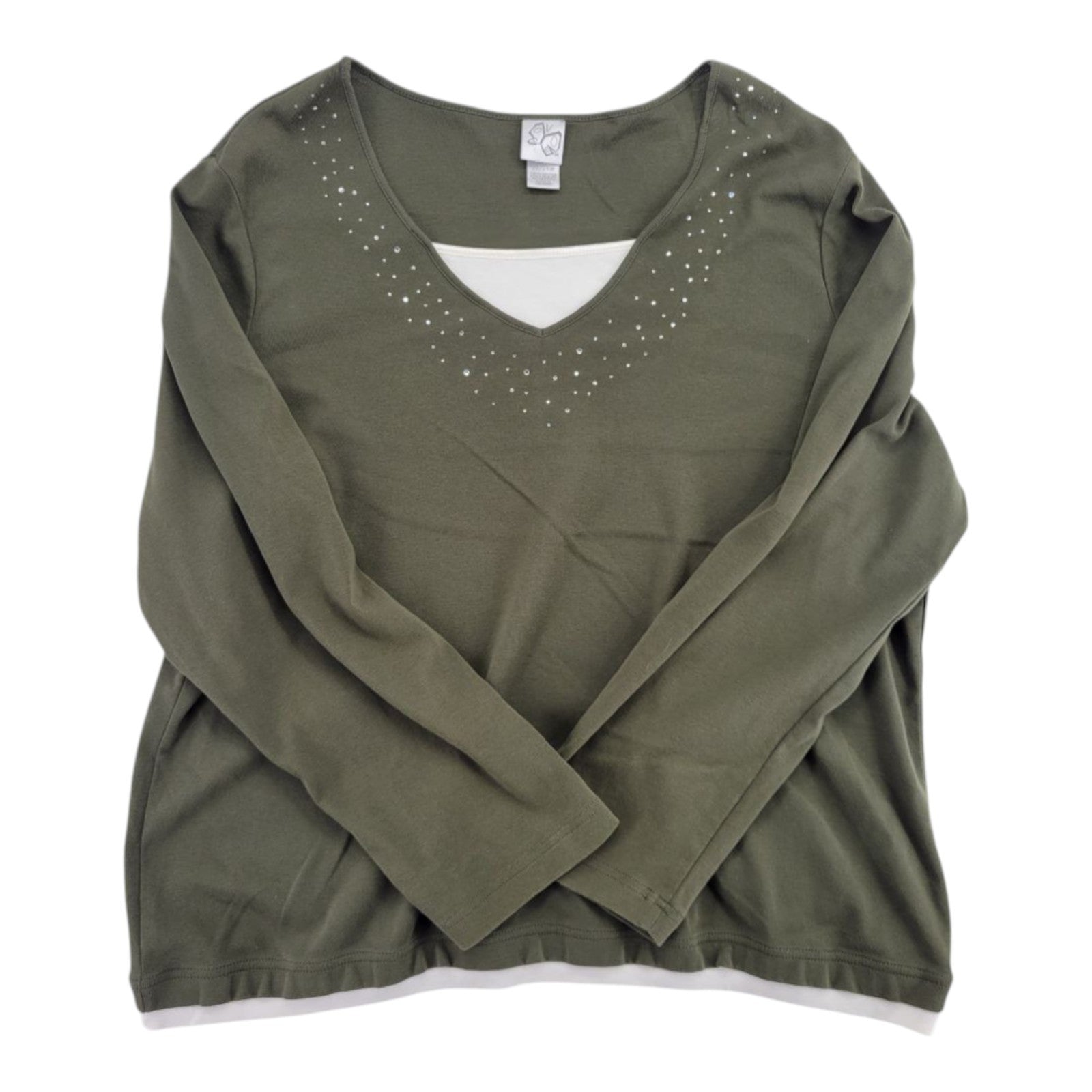 Women's Olive Green V-Neck Rhinestone Long Sleeve Shirt Plus Size 22/24W