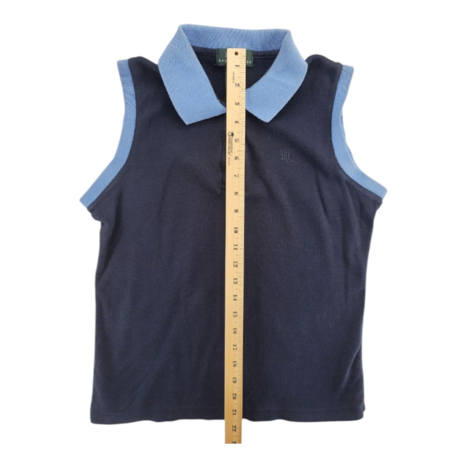 Ralph Lauren Women's Navy Sleeveless Polo Shirt Contrast Collar Cotton M