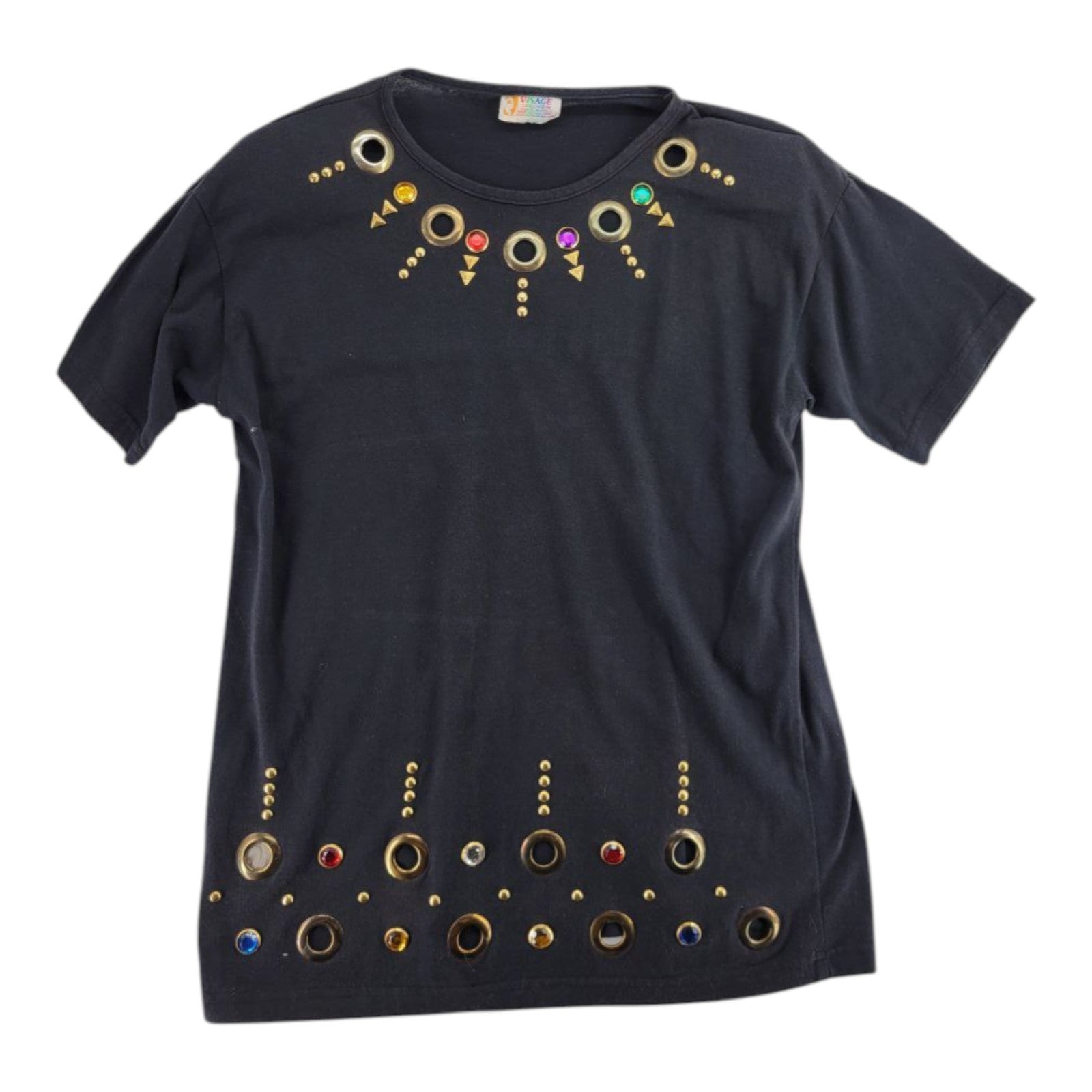 Visage Women's Black Tee Gem & Grommet Embellished Shirt Made in USA