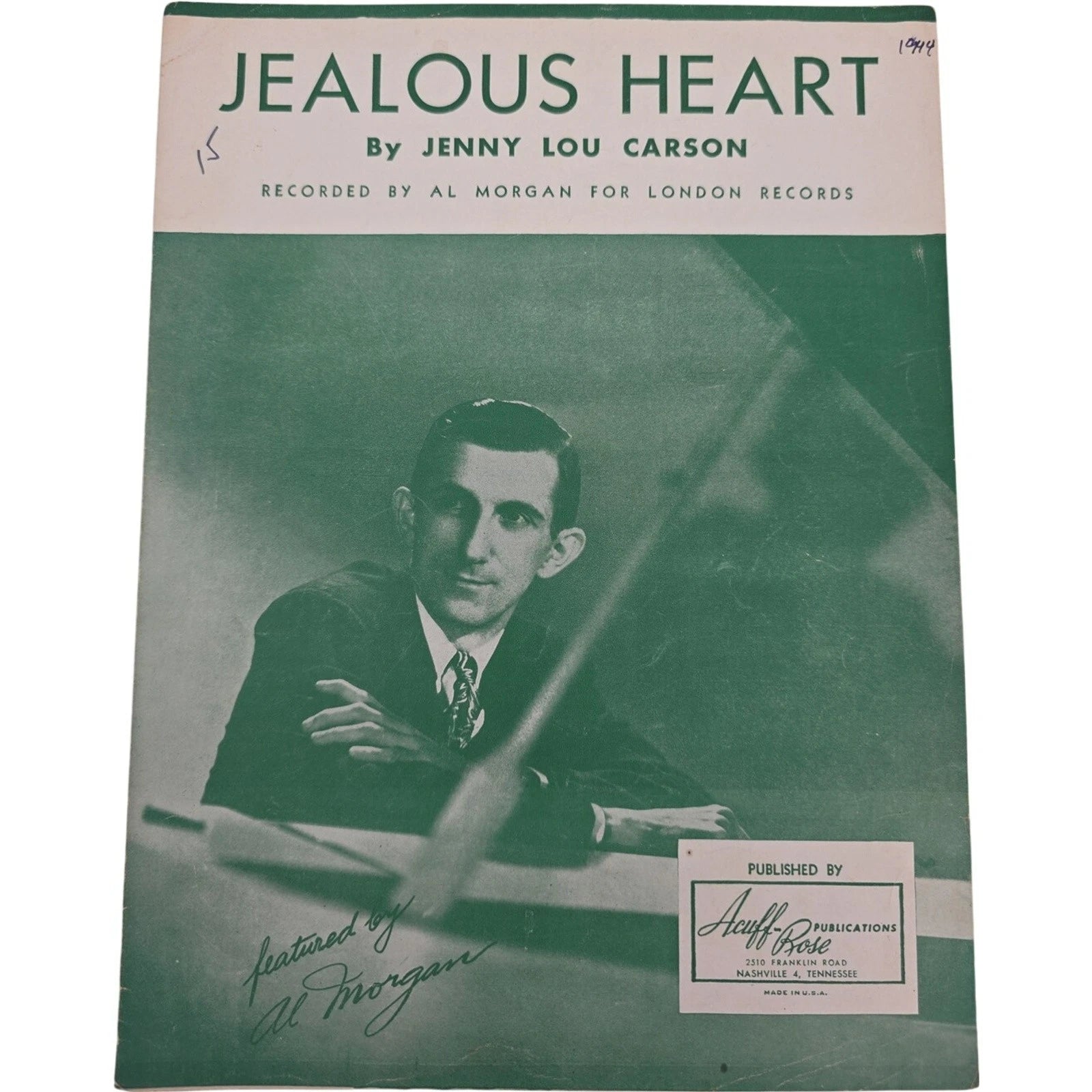 Vintage 1944 Sheet Music Jealous Heart by Jenny Lou Carson Featured by Al Morgan