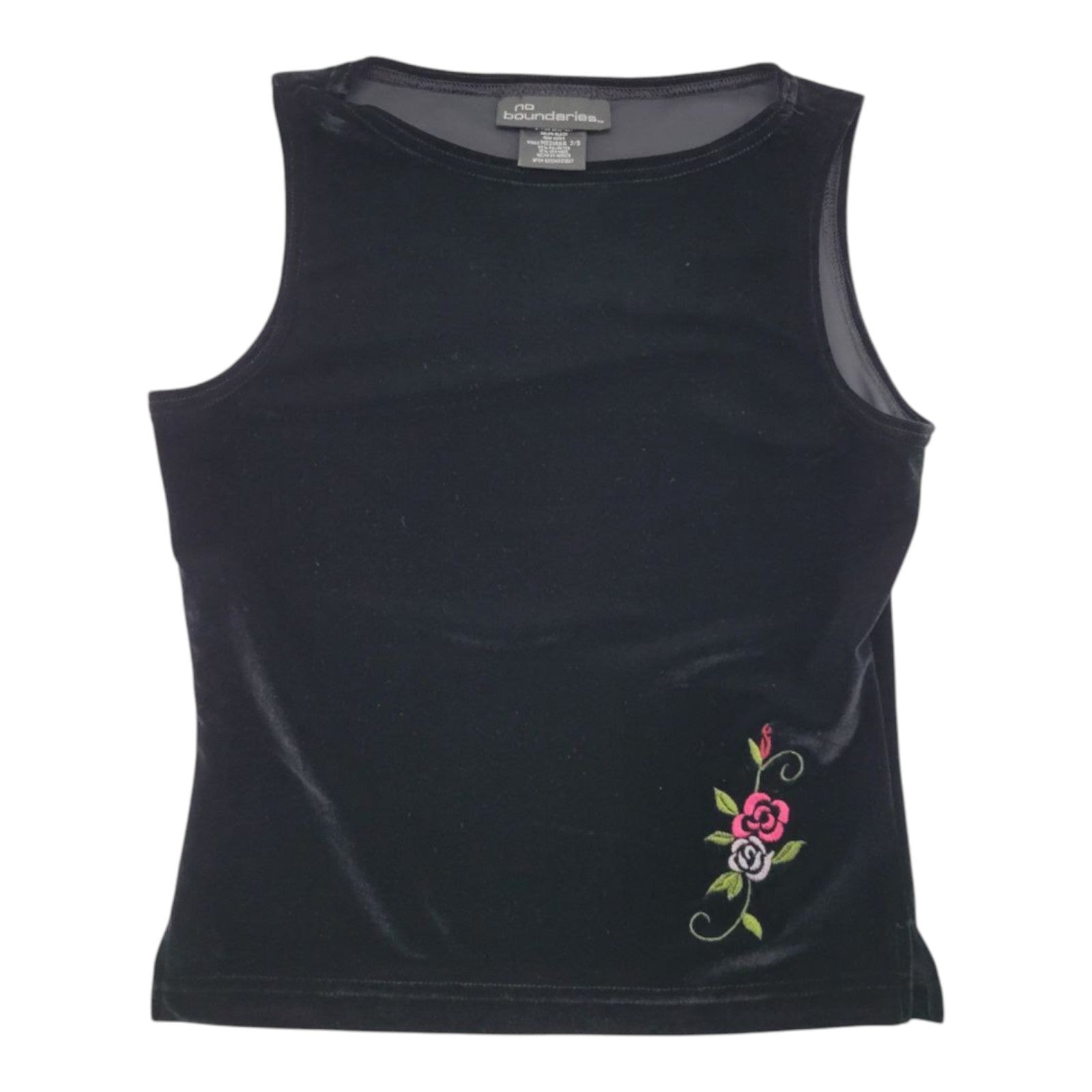 No Boundaries Black Velvet Tank Top Floral Embroidery 7/9 Polyester Spandex