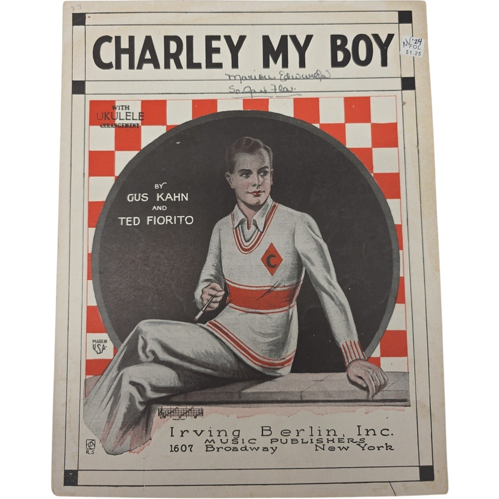 Charley My Boy 1924 Vintage Sheet Music by Gus Kahn & Ted Fiorito Irving