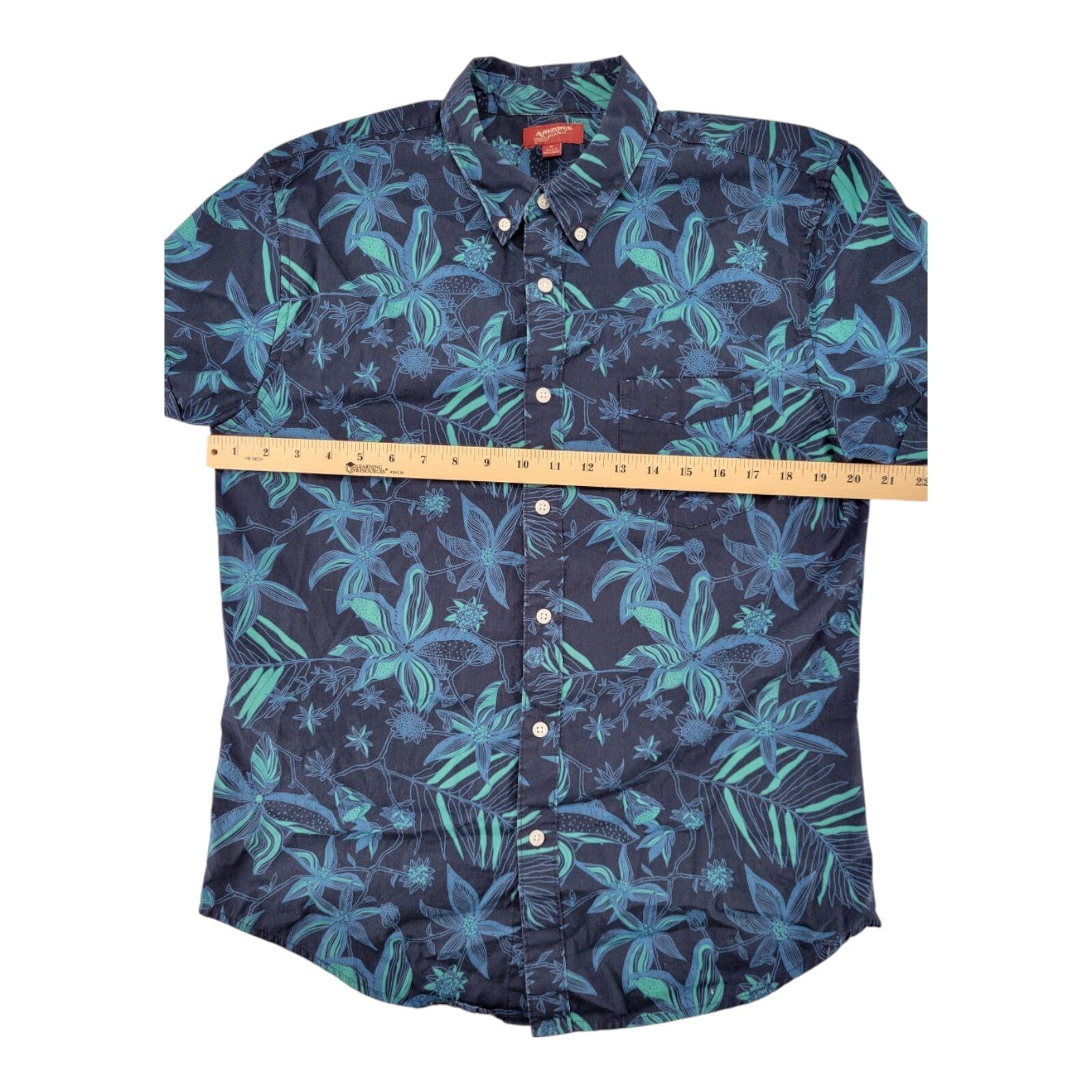 Arizona Jean Co Blue Green Floral Hawaiian Shirt Mens Button Up Size M
